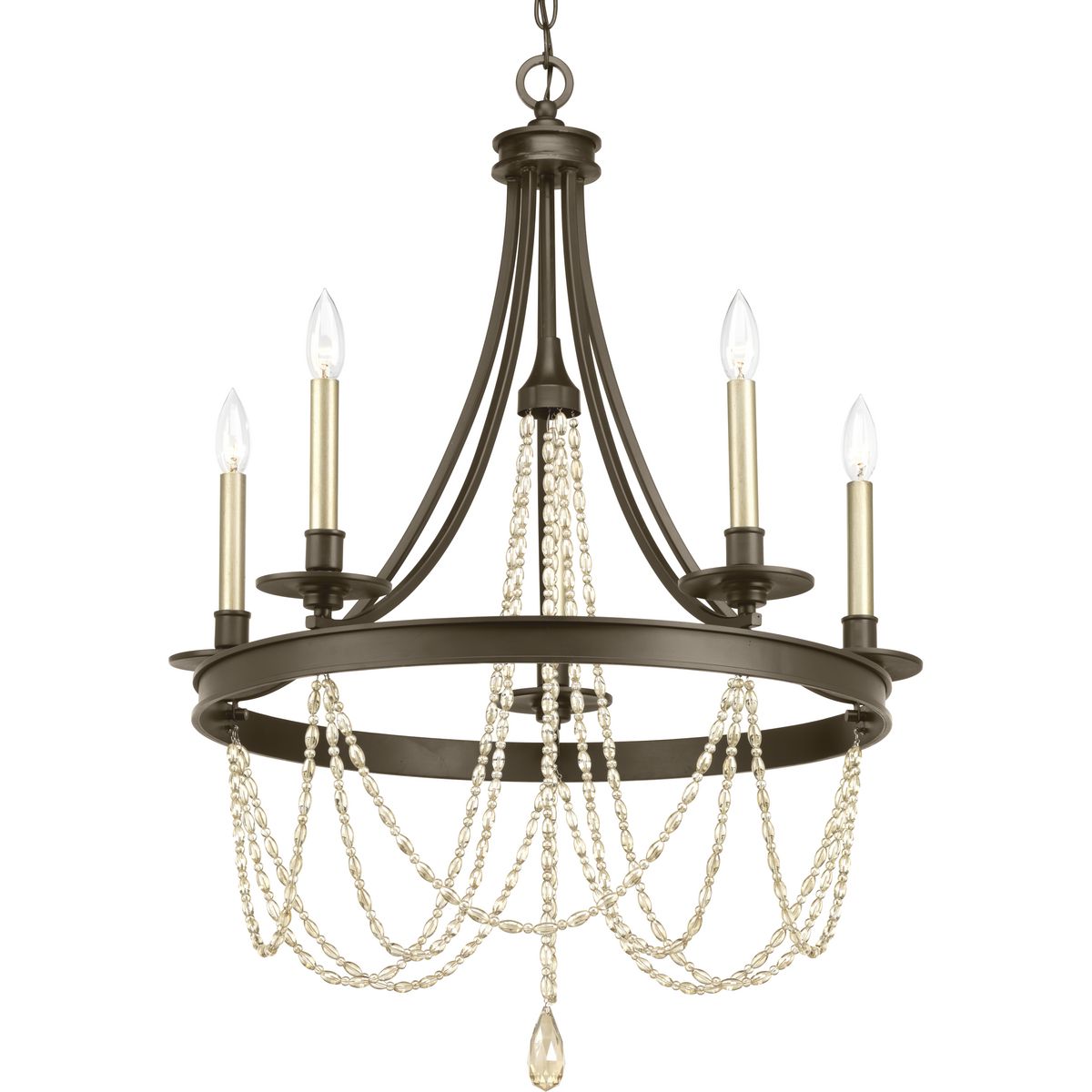 For those looking for an added sparkle in their homes, Allaire provides a casual luxe feel to any decor. Alternating oval and round vintage beads create beautiful strands that are completed by a large faceted glass pendalog. Champagne candles and an Antique Bronze finish add to the sophisticated design details. This five-light chandelier is part of our Design Series collection. Two shade styles, both featuring a rich Espresso trim, are available as accessories. (P860000-001, P860001-001).
