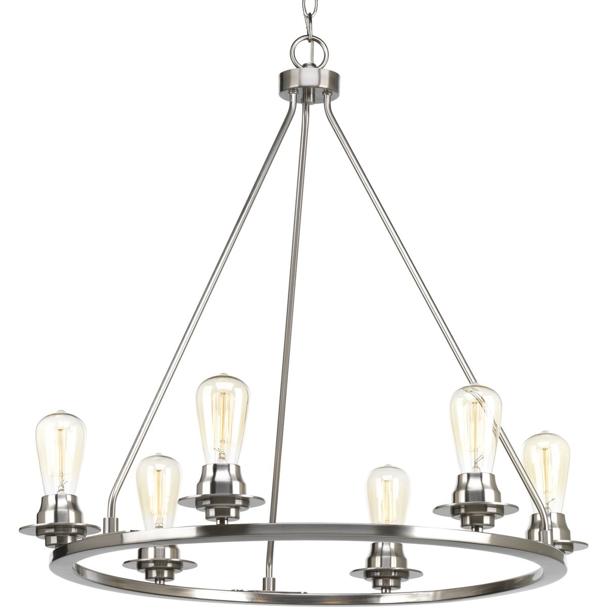A new category of vintage modern fixtures takes center stage with this six-light chandelier from one of our Design Series collections. Delicate details in a Brushed Nickel finish, create statement making focal pieces for a variety of interiors. Debut provides a fitting stage to feature nostalgic, vintage lamps. Glass accessory shades available in clear or frosted seeded finishes.