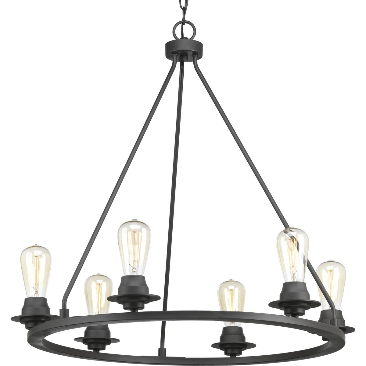 A new category of vintage modern fixtures takes center stage with this six-light chandelier from one of our Design Series collections. Delicate details in a Graphite finish, create statement making focal pieces for a variety of interiors. Debut provides a fitting stage to feature nostalgic, vintage lamps. Glass accessory shades available in clear or frosted seeded finishes.