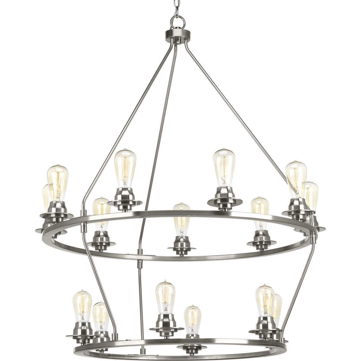 A new category of vintage modern fixtures takes center stage with this two-tier, fifteen-light chandelier from one of our Design Series collections. Delicate details in a Brushed Nickel finish, create statement making focal pieces for a variety of interiors. Debut provides a fitting stage to feature nostalgic, vintage lamps. Glass accessory shades available in clear or frosted seeded finishes.