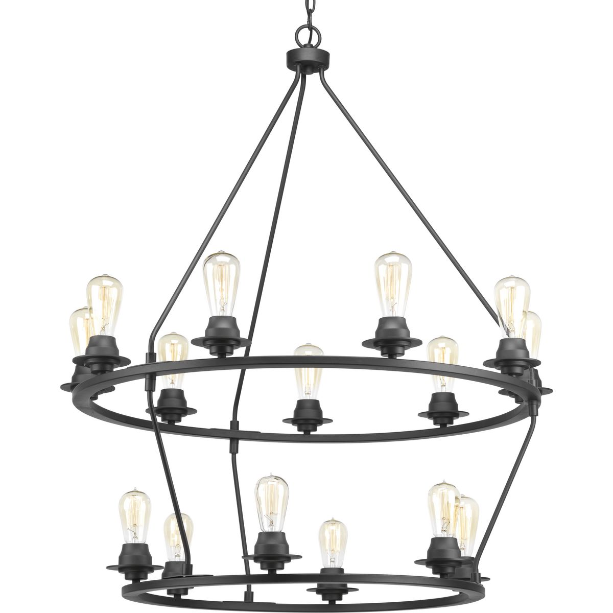 A new category of vintage modern fixtures takes center stage with this two-tier, fifteen-light chandelier from one of our Design Series collections. Delicate details in a Graphite finish, create statement making focal pieces for a variety of interiors. Debut provides a fitting stage to feature nostalgic, vintage lamps. Glass accessory shades available in clear or frosted seeded finishes.
