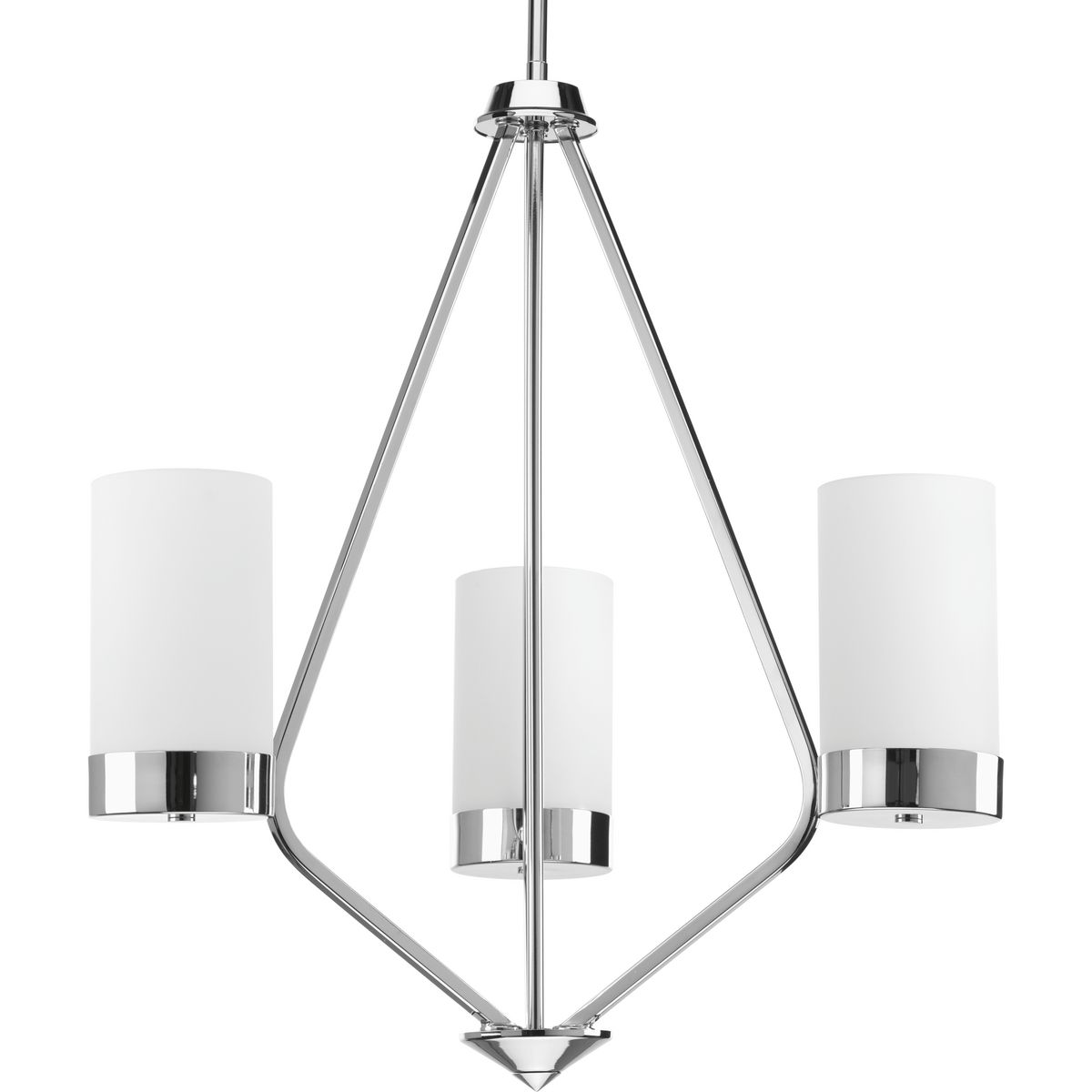 Achieve a mid-century modern look with Elevate, which boasts glass shades and a frame inspired by Space Age styling. The trapezoidal form is accentuate in the Polished Chrome finish. This three-light chandelier is part of our Design Series collections.