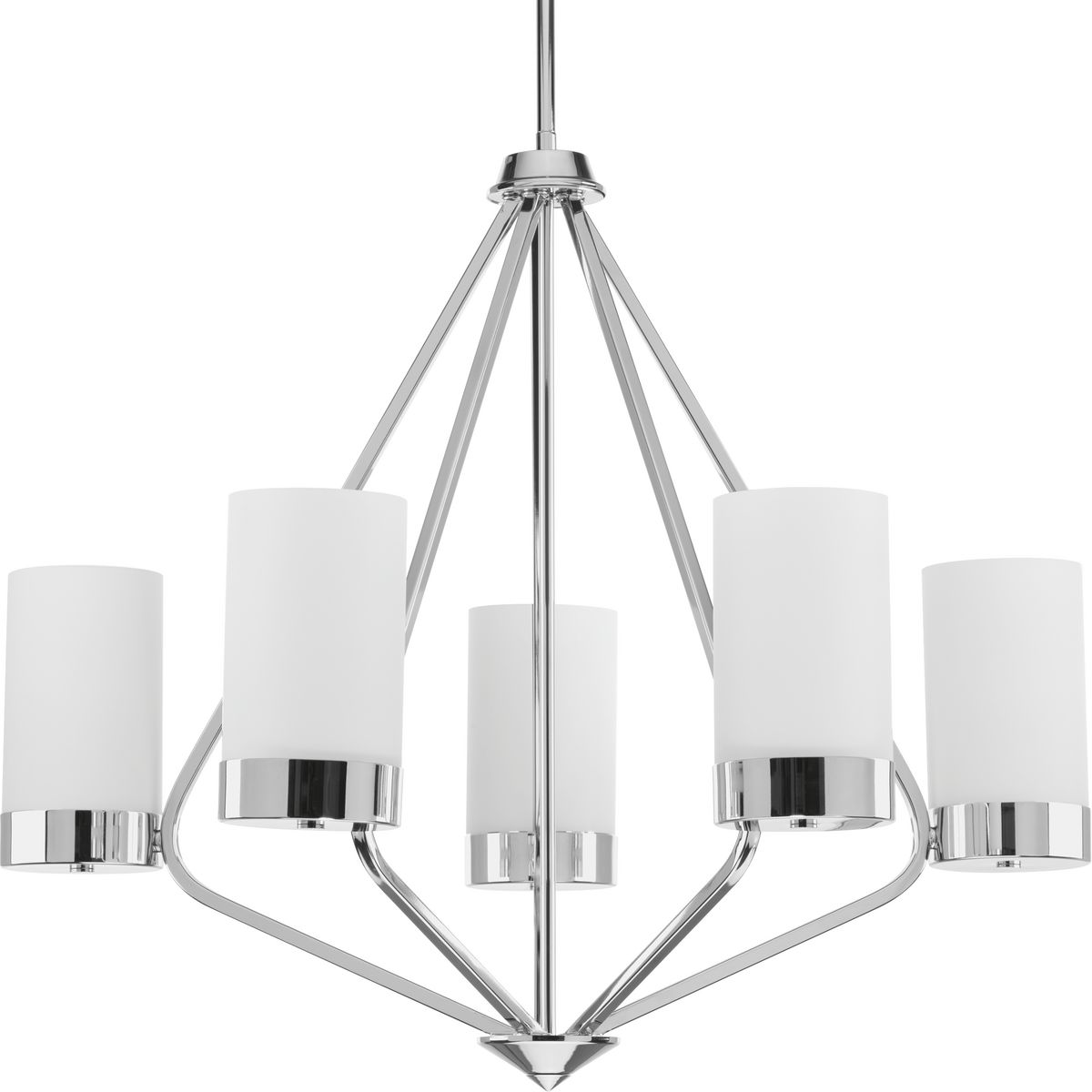 Achieve a mid-century modern look with Elevate, which boasts glass shades and a frame inspired by Space Age styling. The trapezoidal form is accentuate in the Polished Chrome finish. This five-light chandelier is part of our Design Series collections.