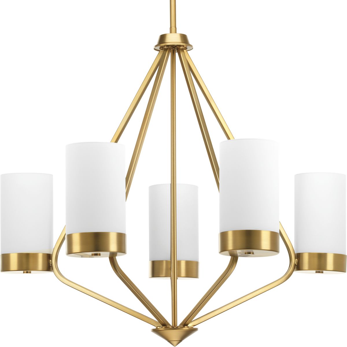 Achieve a mid-century modern look with Elevate, which boasts glass shades and a frame inspired by Space Age styling. The trapezoidal form is accentuate in the Brushed Bronze finish. This five-light chandelier is part of our Design Series collections.