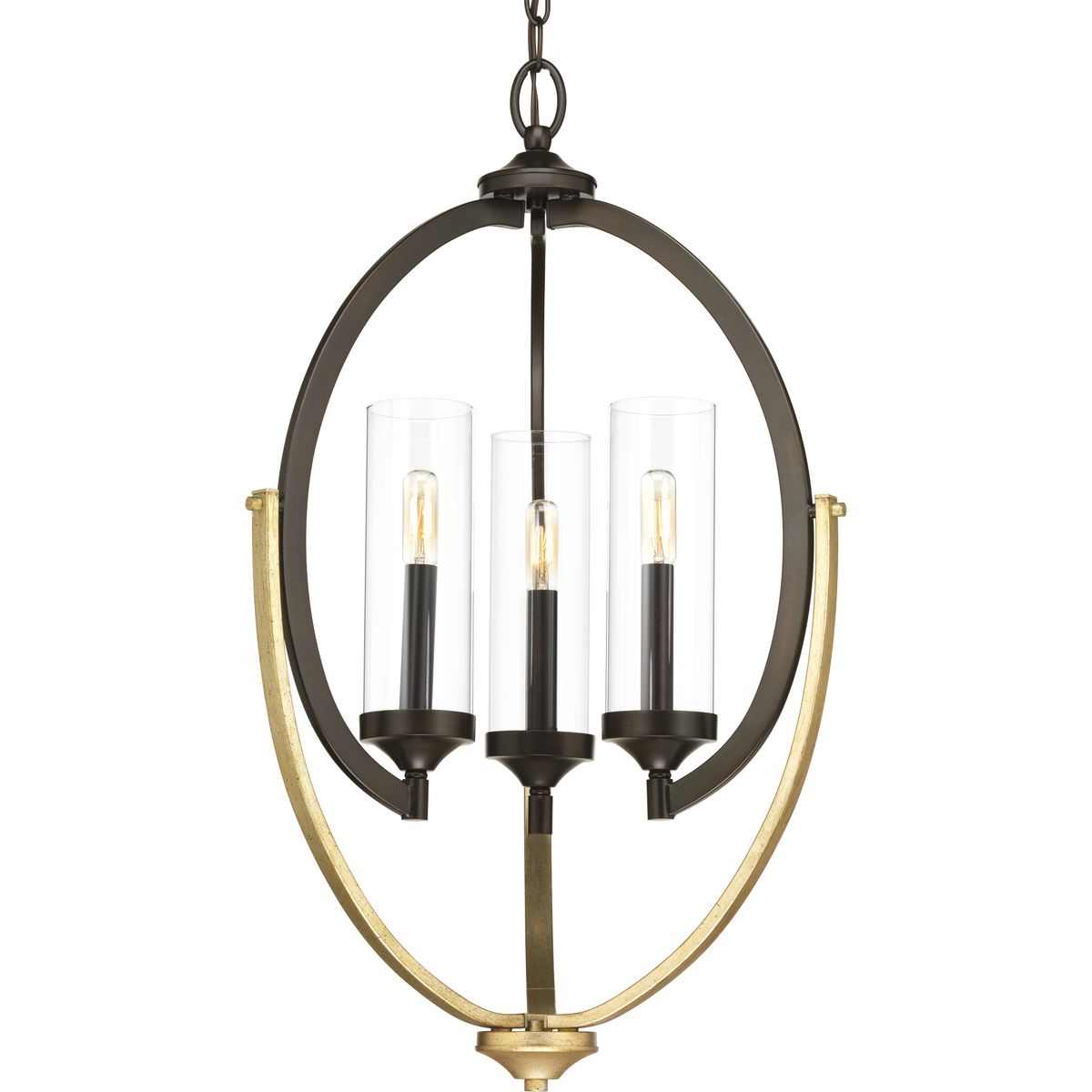 Evoke features an elliptical frame that gracefully supports a candelabra with clear glass shade. Mixed finished highlight the unique shape and provide a hint of livable luxury to your home. This three-light chandelier with Antique Bronze finish and Champagne accents is part of our Design Series collections.