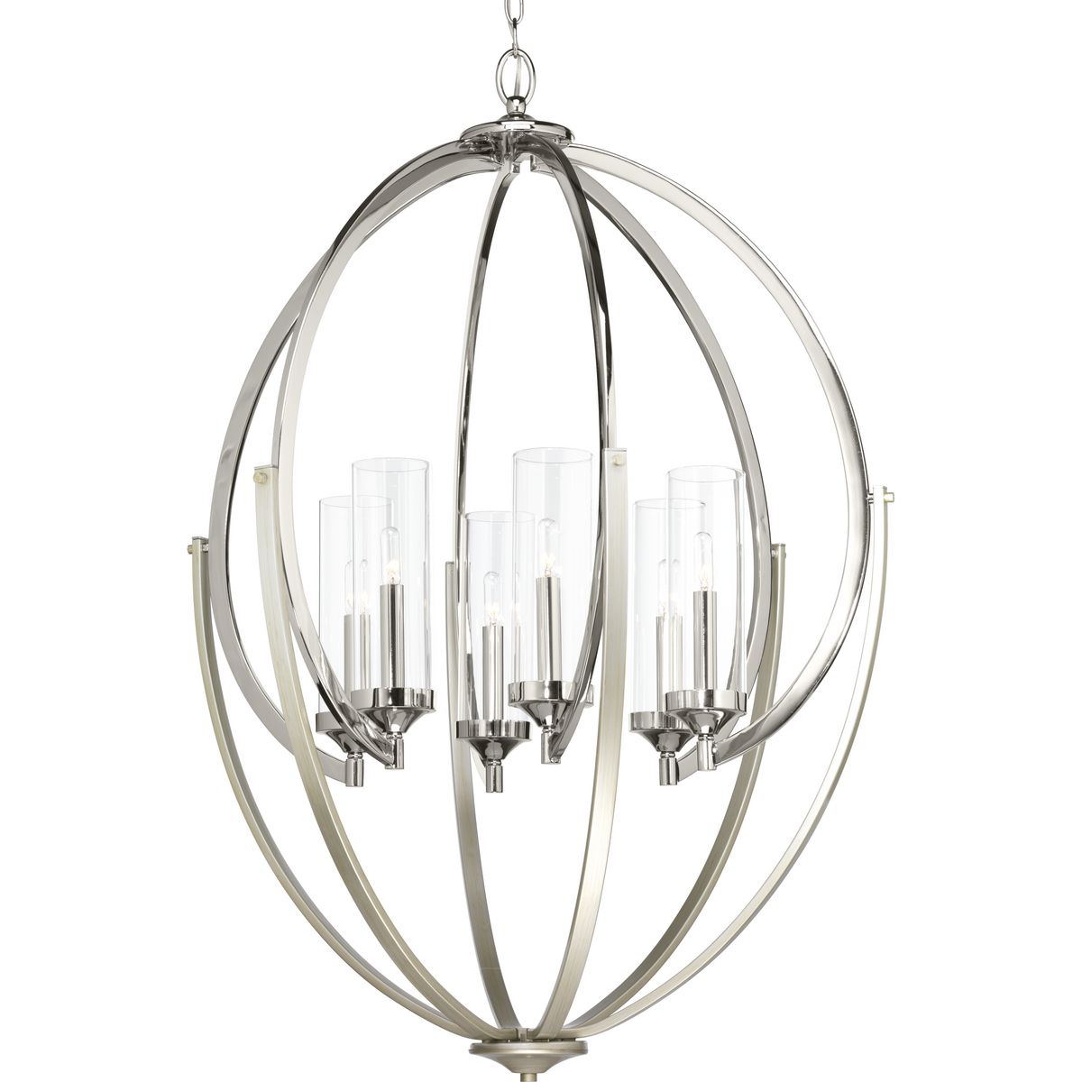 Evoke features an elliptical frame that gracefully supports a candelabra with clear glass shade. Mixed finished highlight the unique shape and provide a hint of livable luxury to your home. This six-light chandelier with Polished Chrome finish and Silver Ridge accents is part of our Design Series collections.