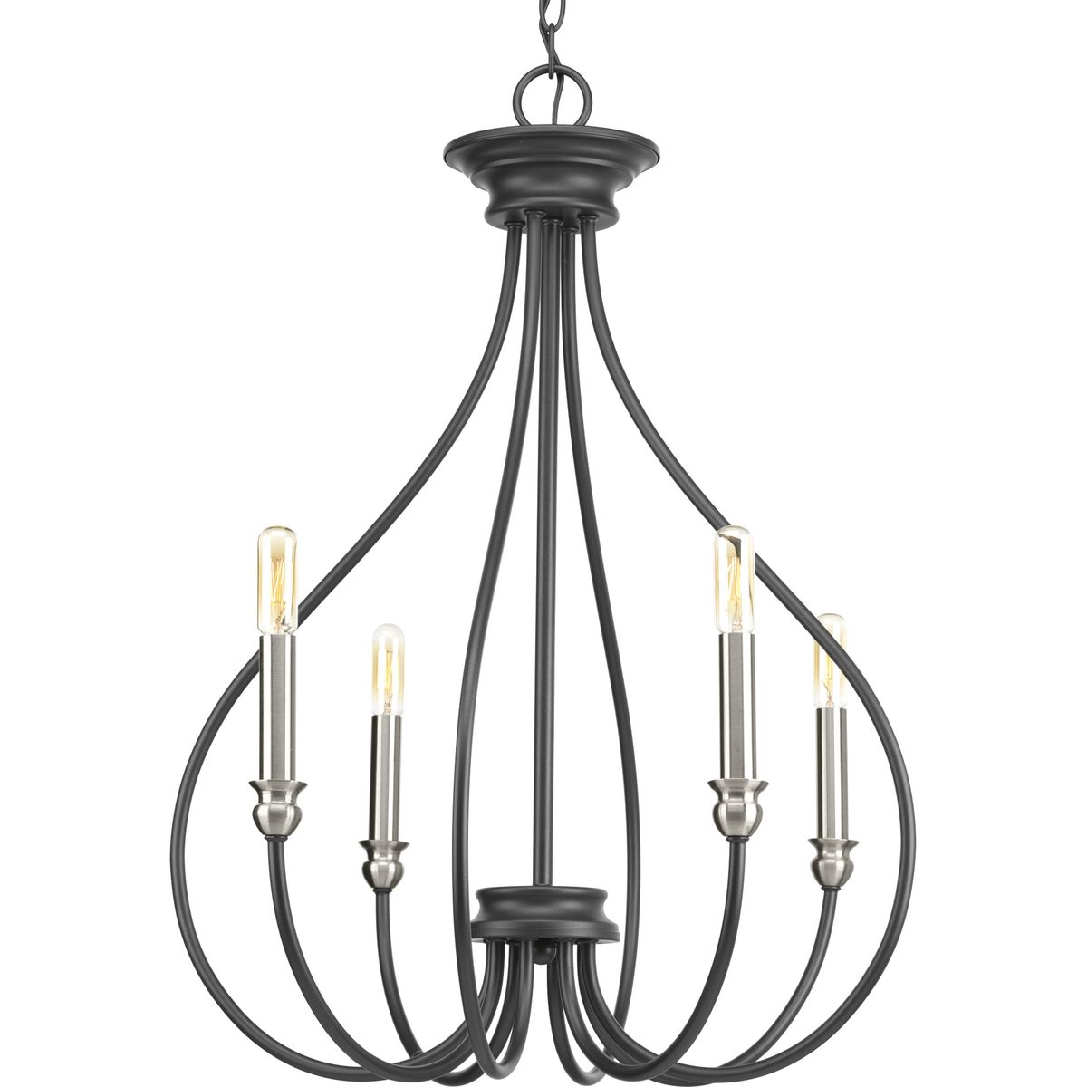 An updated traditional family, Whisp adds distinction to interior spaces. Candles with brushed nickel accents complement a gracefully scrolled frame in a cool Graphite finish. Four-light chandelier perfect for dining room and kitchens.
