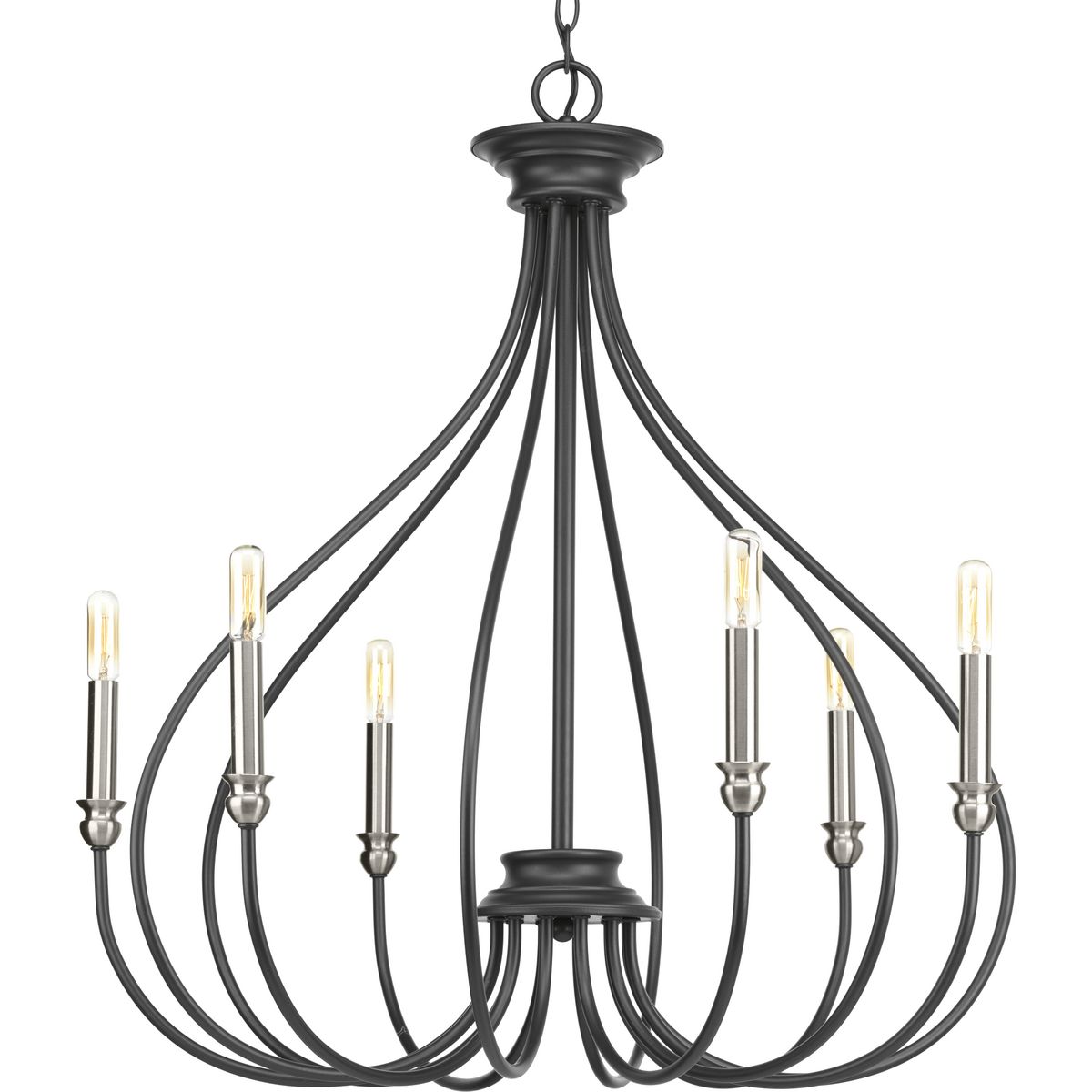 An updated traditional family, Whisp adds distinction to interior spaces. Candles with brushed nickel accents complement a gracefully scrolled frame in a cool Graphite finish. Six-light chandelier perfect for dining room, entry way and kitchens.