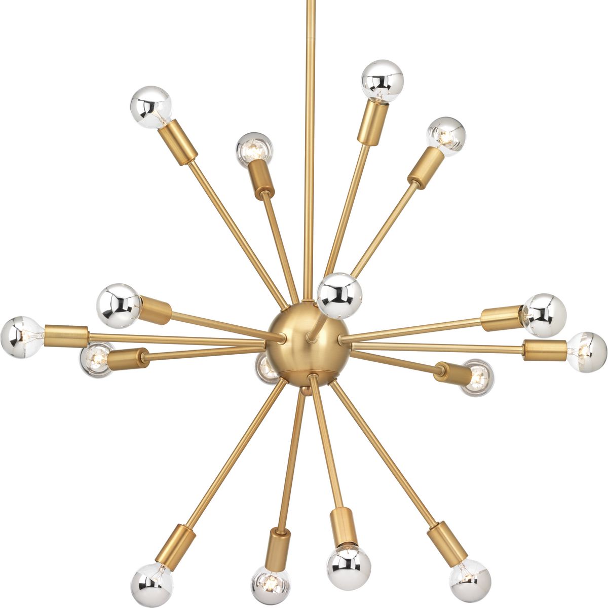 Featuring a Brushed Bronze finish, these Space-Age inspired chandeliers boast sixteen lights, each extending to support a single candelabra lamp. Additionally, Ion chandeliers are stunning for mid-Century inspired interiors. This fixture is part of our Design Series collections and pairs nicely with our Elevate Collection.