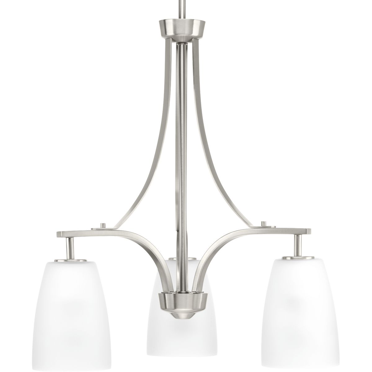 The Leap collection features sweeping arcs that frame tapered etched shades. Glass shades are slightly larger in scale to complement contemporary design trends. The three-light chandelier is finished in Brushed Nickel.