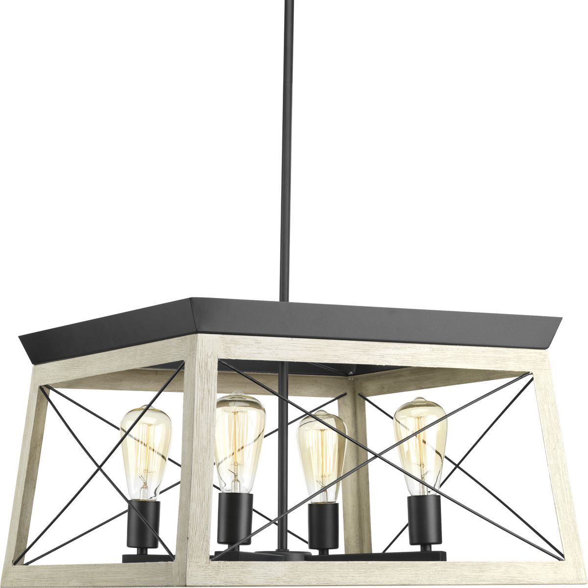 The Briarwood collection features a classic pattern commonly found on barn or farmhouse doors and gates. The simple geometric form features a faux-painted wood enclosure to frame vintage-style light bulbs. A coastal-inspired whitewashed finish paired with Graphite details. Four-Light chandelier.