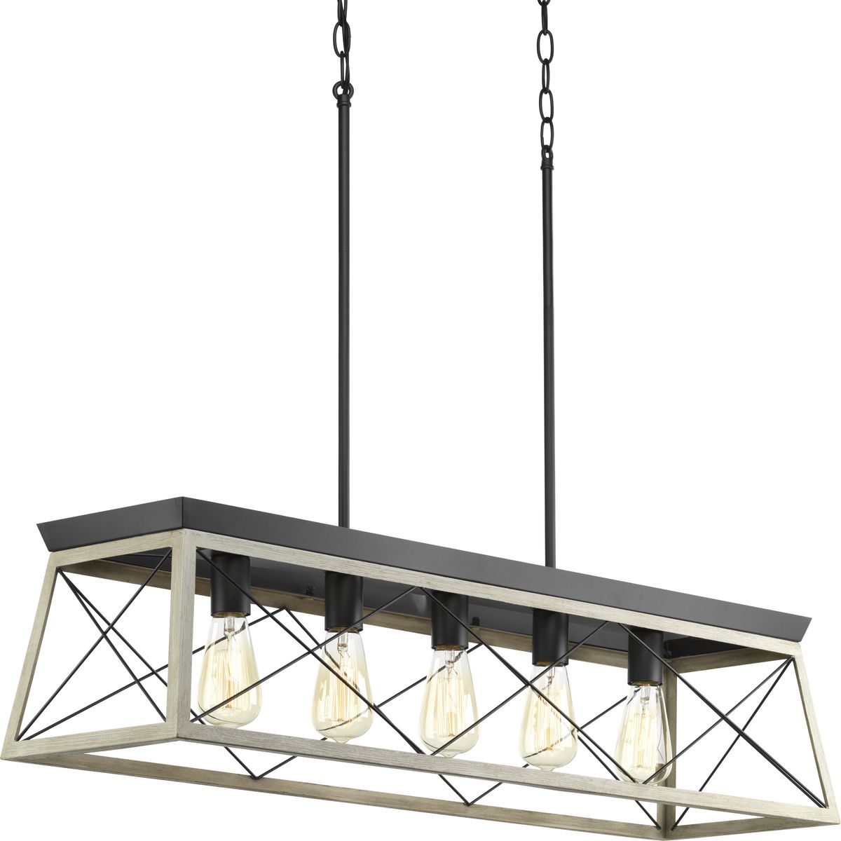 The Briarwood collection features a classic pattern commonly found on barn or farmhouse doors and gates. The simple geometric form features a faux-painted wood enclosure to frame vintage-style light bulbs. A coastal-inspired whitewashed finish paired with Graphite details. Five-light linear chandelier.