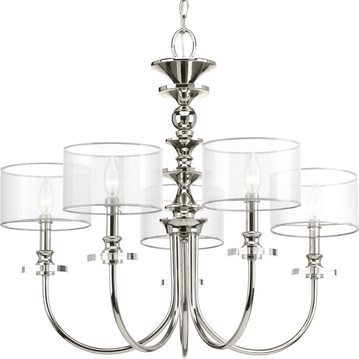Marche is an eclectic arrangement of gleaming metal turnings, which recreates the vintage styles found in Parisian neighborhood markets. Polished Nickel elements are combined with a luxurious sheer silver organza shade and clear K9 glass elements. The five-light chandelier coordinates with Nisse or Caress collections to create a truly distinctive addition to your home.