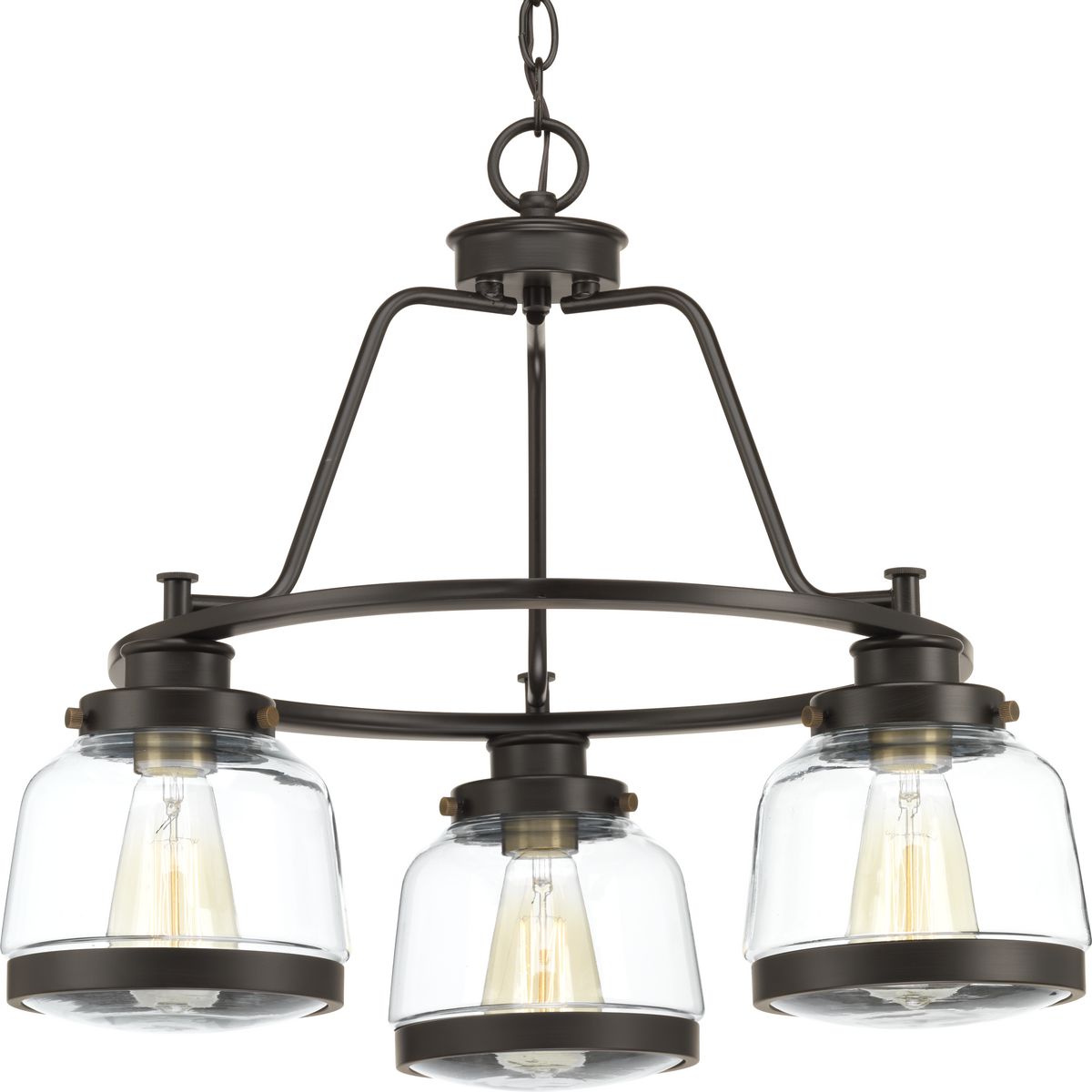 The Judson collection features a timeless clear schoolhouse-style globe. Metal fittings add distinction to complete the vintage look. Judson provides the perfect compliment to farmhouse or coastal-inspired homes. Three-light chandelier in an Antique Bronze finish.