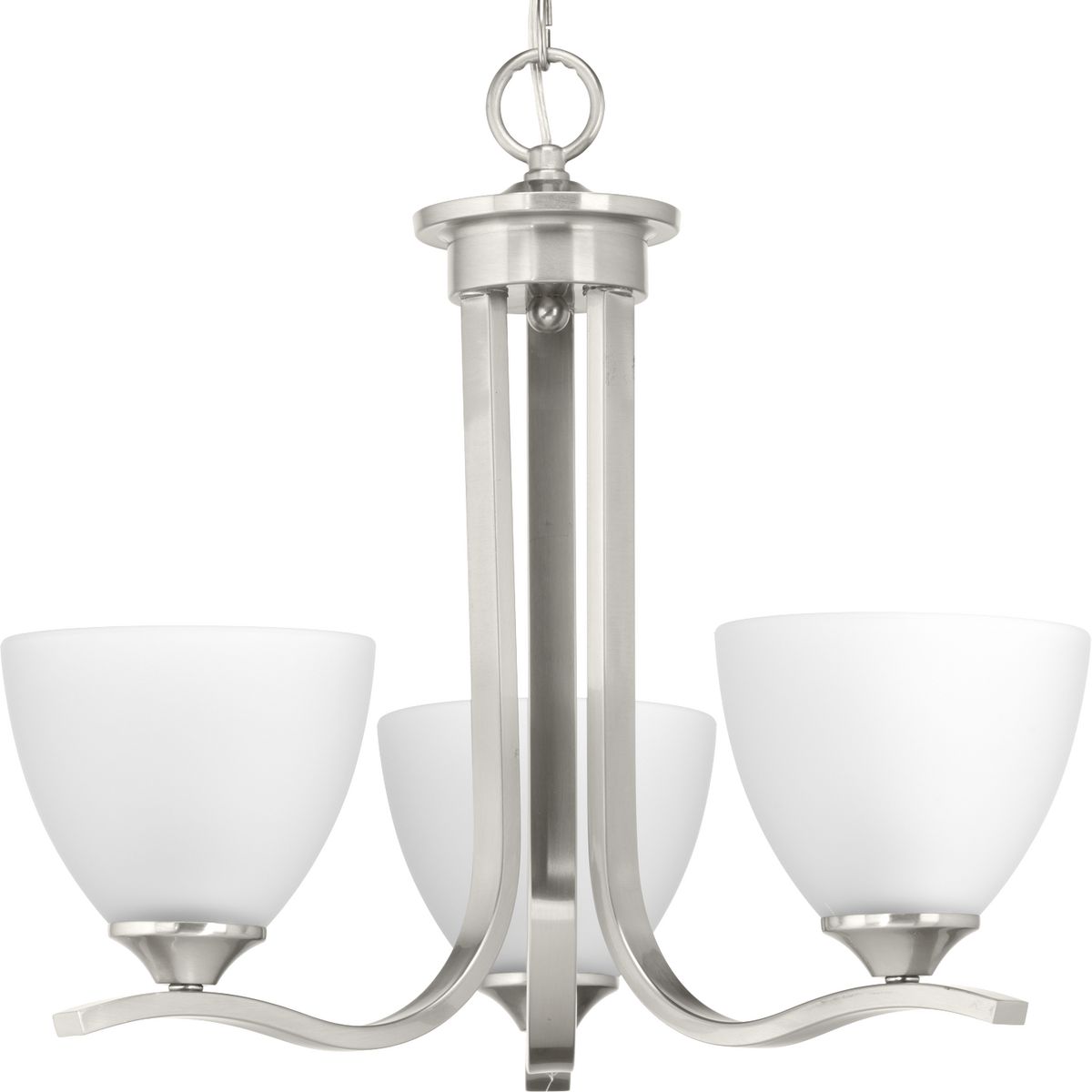 The Laird collection provides a contemporary complement to casual interiors popular in today's homes. Glass shades add distinction and provide pleasing illumination to any room, while scrolling arms create an airy effect. Three-light chandelier in an Brushed Nickel finish.