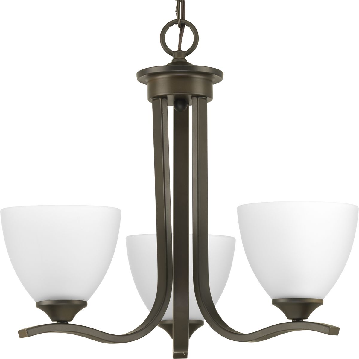 The Laird collection provides a contemporary complement to casual interiors popular in today's homes. Glass shades add distinction and provide pleasing illumination to any room, while scrolling arms create an airy effect. Three-light chandelier in an Antique Bronze finish.