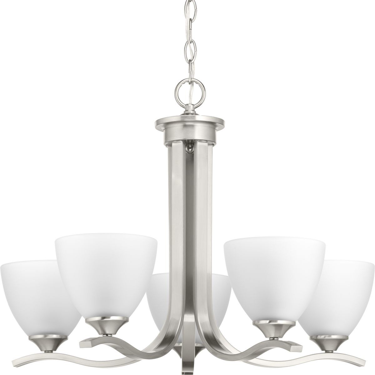 The Laird collection provides a contemporary complement to casual interiors popular in today's homes. Glass shades add distinction and provide pleasing illumination to any room, while scrolling arms create an airy effect. Five-light chandelier in an Brushed Nickel finish.