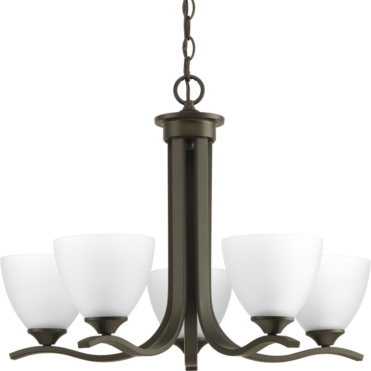 The Laird collection provides a contemporary complement to casual interiors popular in today's homes. Glass shades add distinction and provide pleasing illumination to any room, while scrolling arms create an airy effect. Five-light chandelier in an Antique Bronze finish.