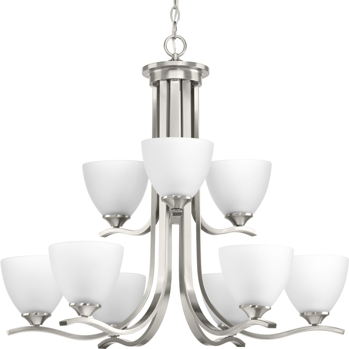 The Laird collection provides a contemporary complement to casual interiors popular in today's homes. Glass shades add distinction and provide pleasing illumination to any room, while scrolling arms create an airy effect. Nine-light chandelier in an Brushed Nickel finish.