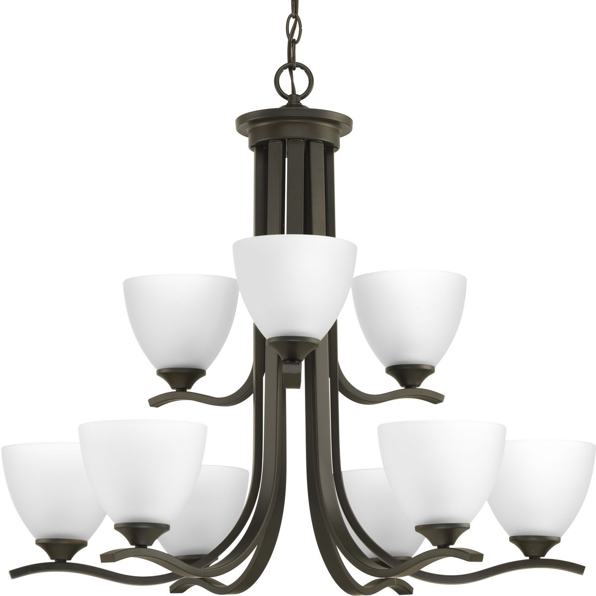 The Laird collection provides a contemporary complement to casual interiors popular in today's homes. Glass shades add distinction and provide pleasing illumination to any room, while scrolling arms create an airy effect. Nine-light chandelier in an Antique Bronze finish.