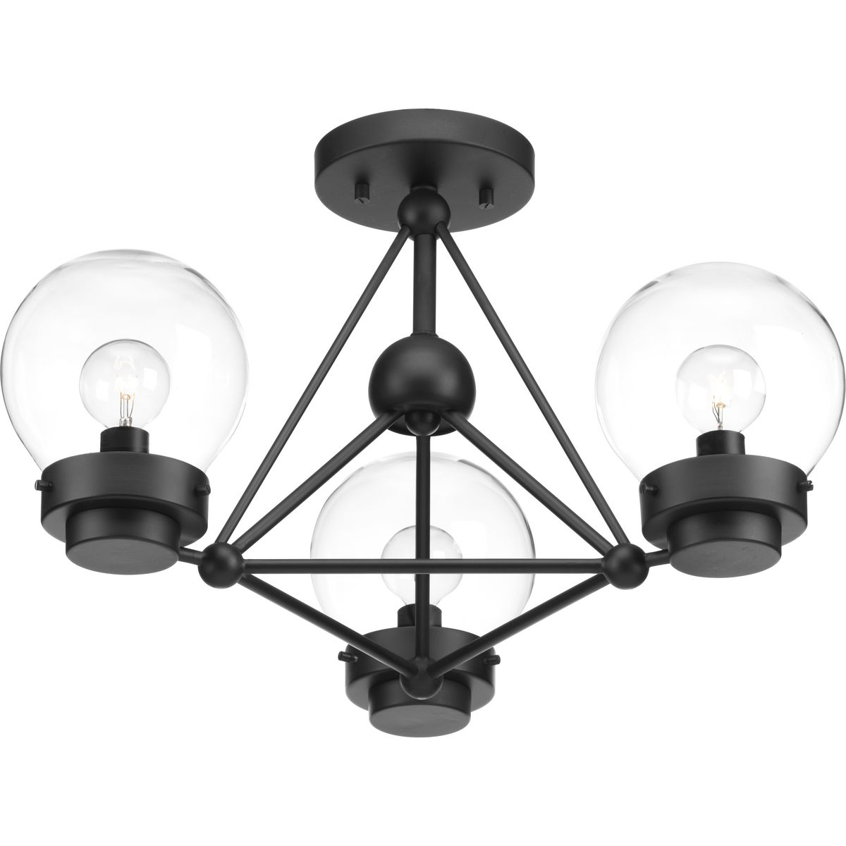 P400077-031 785247216017 Spatial showcases a modern form that complements Urban Industrial and Bohemian styles. Overscaled geometric frames feature designs inspired by metal trusses and the art of engineering. A Matte Black finish is highlighted by clear globe shades. The three-light semi-flush convertible fixture is ideal for foyers and entryways.