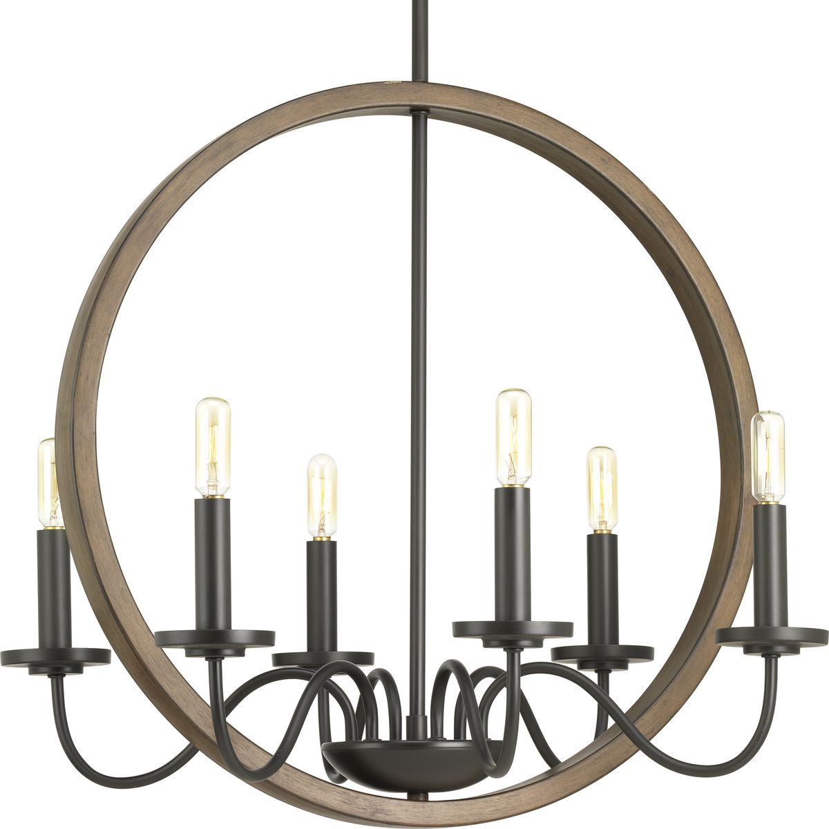 With updated designs that honor the charm of early American styling, Fontayne six-light chandelier provides a timeless elegance to Rustic Farmhouse, Modern Farmhouse and Urban Industrial spaces. Impressive graphic elements take center stage, while candelabra lights highlight subtle curves. Dual tone finish combinations of Antique Bronze with faux oak accents.