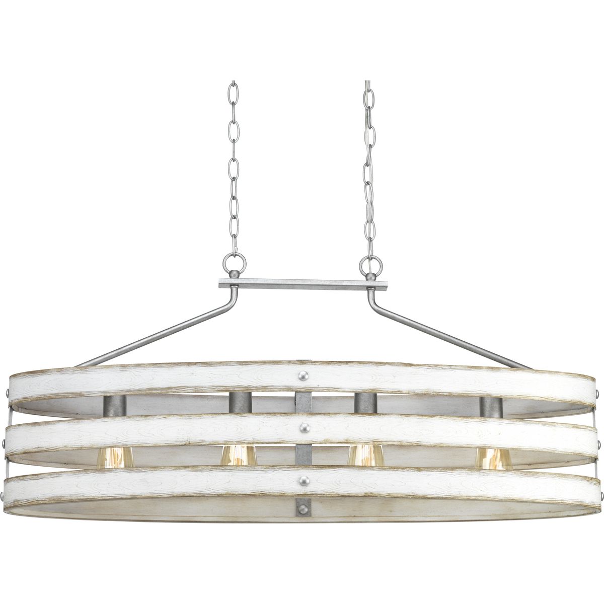 Three circular bands wrap together to create an open design for the Gulliver Collection four-light linear chandelier. Dual toned frame color combinations of Galvanized with antique white accents. A hand painted wood grained texture complements Rustic and Modern Farmhouse home decor, as well as Urban Industrial and Coastal interior settings.