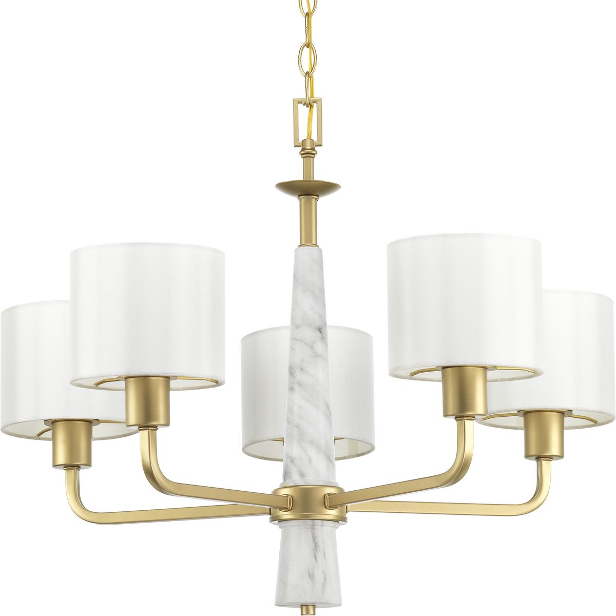 An intriguing fashion-forward lighting collection, Palacio pairs a Vintage Gold finish with faux white marble columns for a stunningly elegant design. White silk shades complement gold accents to create a statement-making style. The five-light chandelier is Ideal for a variety of interiors.