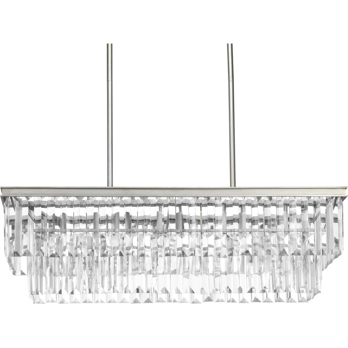Glimmer fits the definition of livable luxury with elements that sparkle to create an instant statement within the home. Prismatic glass Prismatic glass four-light square linear chandelier is supported by an architecturally- styled frame in Antique Bronze finish. The cascade of faceted linear glass deliver a sleek silhouette to any room.