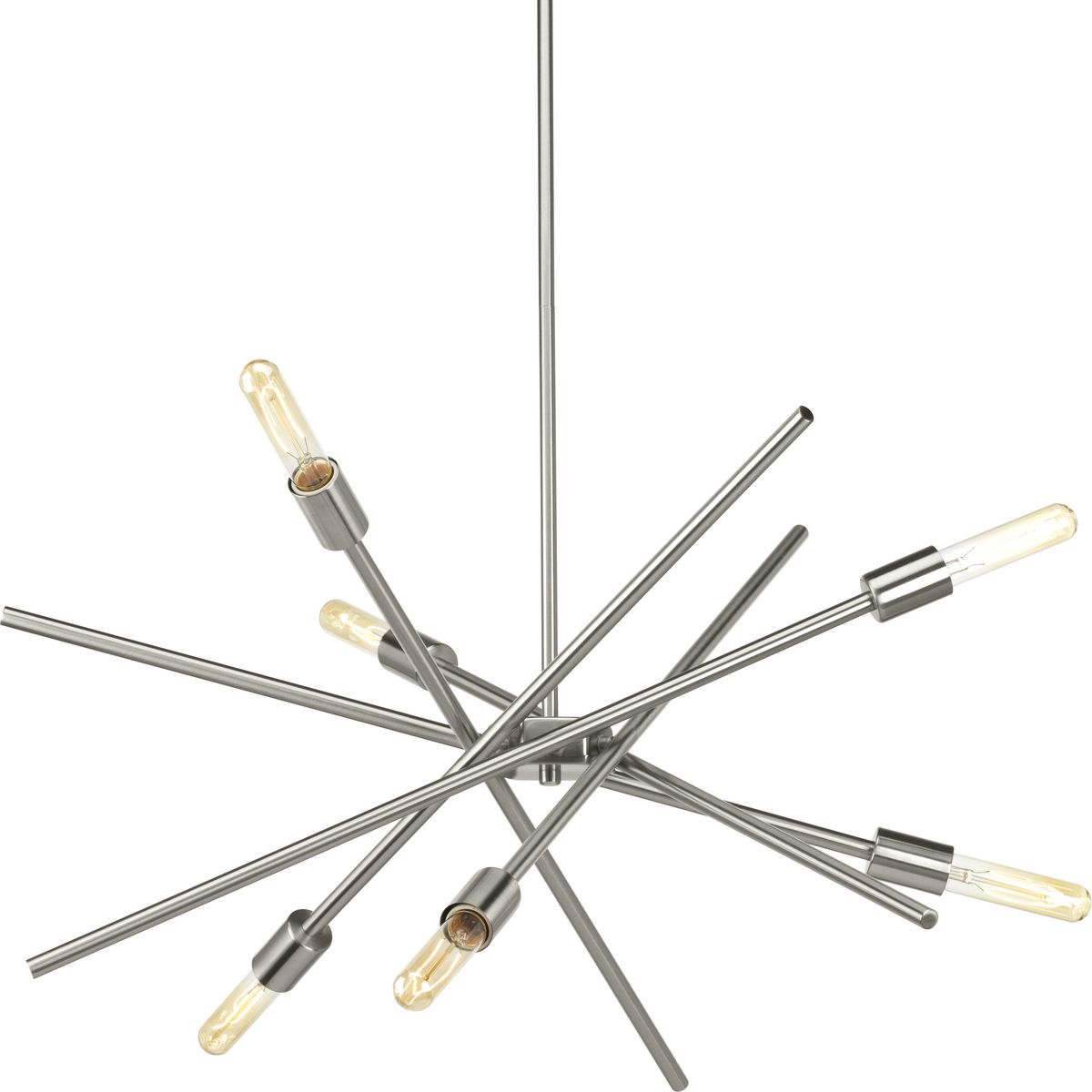 An iconic fixture, Astra features an organic, asymmetrical design. Ideal for dining room settings or entryways, these space-aged inspired pieces are so versatile they can be incorporated into a variety of interiors. Six-Light Chandelier. Brushed Nickel finish.