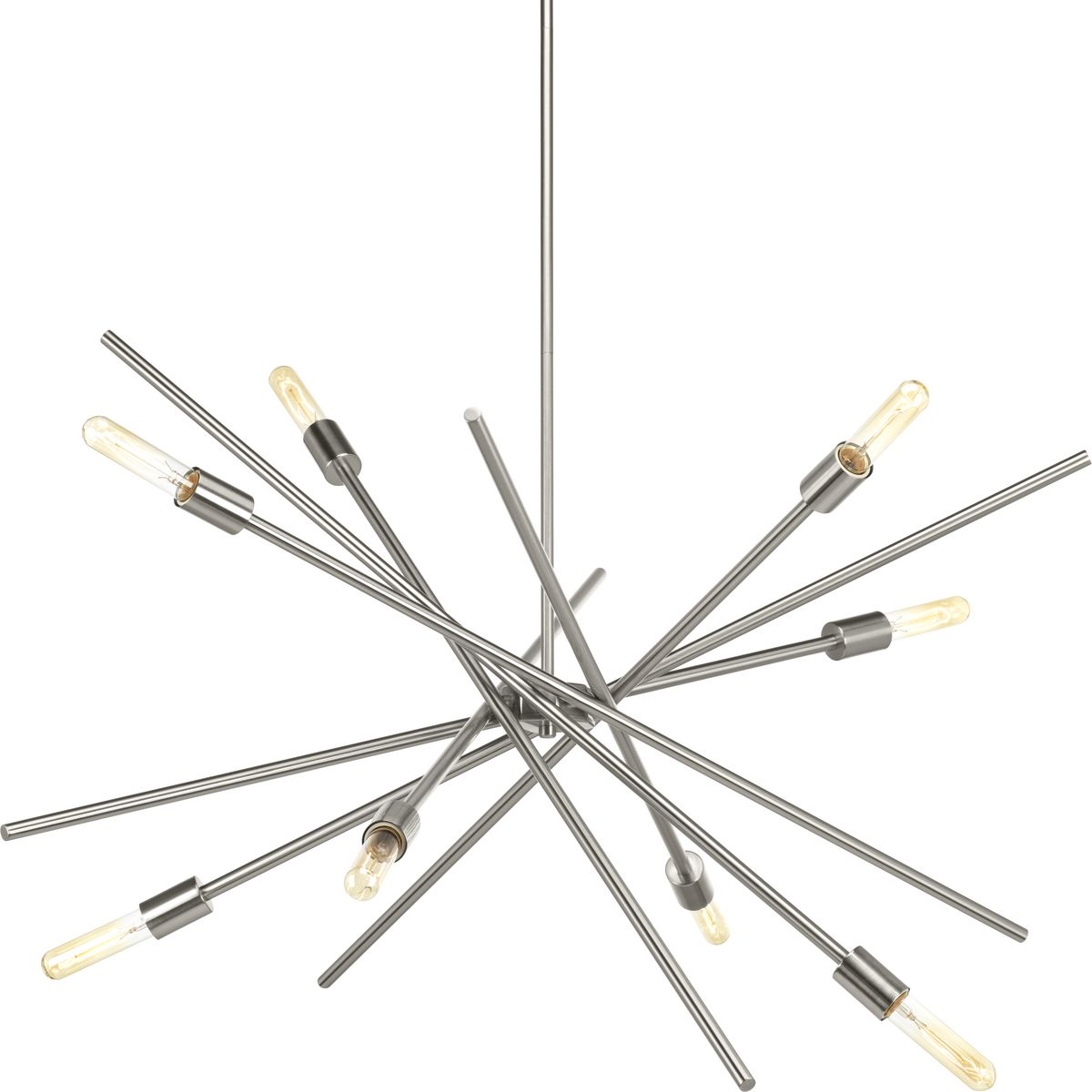 An iconic fixture, Astra features an organic, asymmetrical design. Ideal for dining room settings or entryways, these space-aged inspired pieces are so versatile they can be incorporated into a variety of interiors. Eight-Light Chandelier. Brushed Nickel finish.