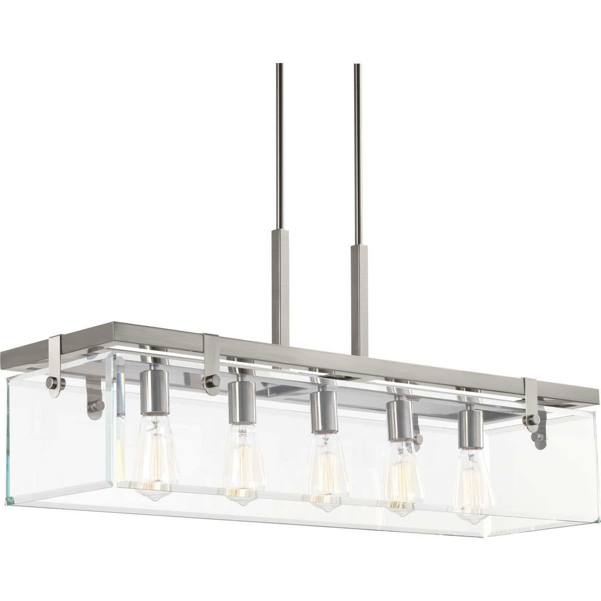Inspired by modern architecture. Glayse features handsome details for variety of interior design styles. The frameless unbounded beveled glass creates beautiful light and reflection. The structure of Glayse is the focal point of the design, where form follows function. The five-light linear chandelier is complimented by a Brushed Nickel finish.