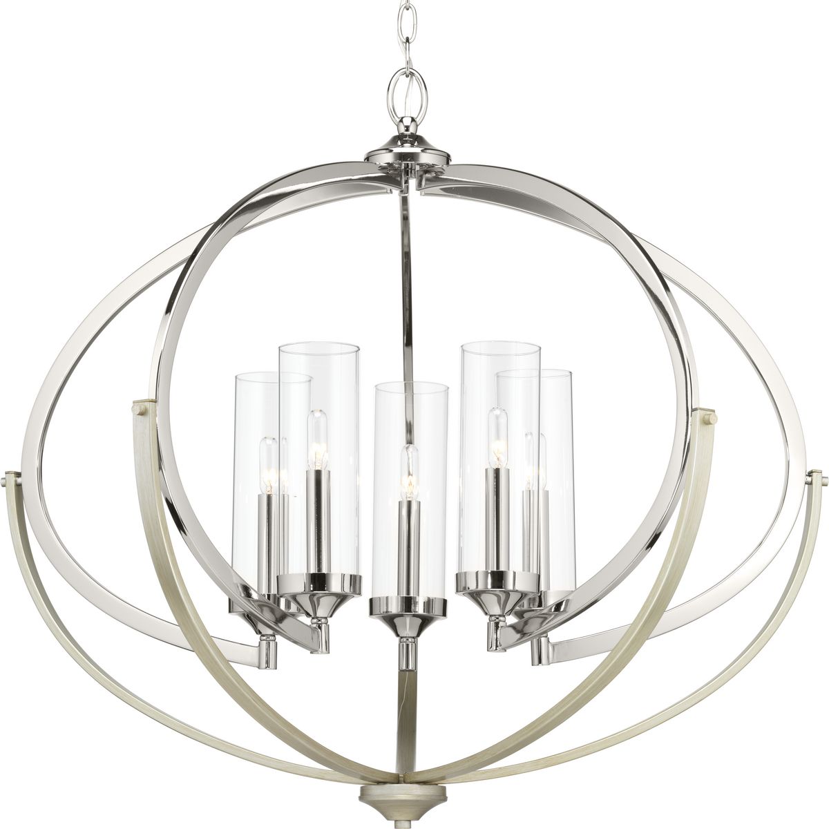 Mixed finishes, such as Polished Nickel with silver ridge accents are highlighted in new versions of the popular Evoke chandelier. This updated design features an oversized oval form with candelabra lights that complement a livable Luxe style, as well as Transitional and Mid-Century interiors.
