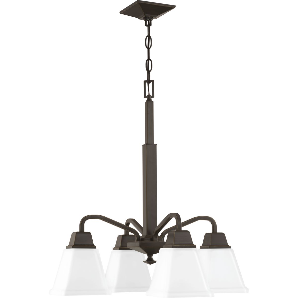 Distinctive chiseled features and clean lines are key features within the Clifton Heights collection. Inspired by an updated interpretation of Craftsman styling, careful attention to the details delivers a dramatic accent. An Antique Bronze finish complements elegant etched square glass shades. The Clifton Heights collection enhances a variety of home styles including Farmhouse, Craftsman and Transitional decor. Four-Light Chandelier.