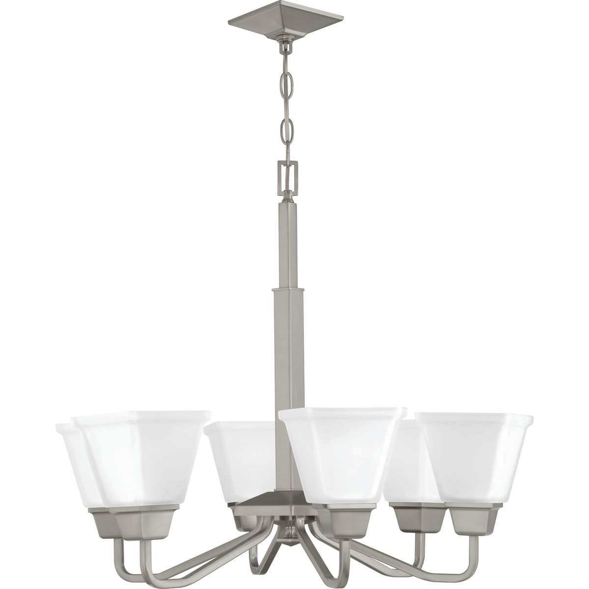 Distinctive chiseled features and clean lines are key features within the Clifton Heights collection. Inspired by an updated interpretation of Craftsman styling, careful attention to the details delivers a dramatic accent. A Brushed Nickel finish complements elegant etched square glass shades. The Clifton Heights collection enhances a variety of home styles including Farmhouse, Craftsman and Transitional decor. Six-Light Chandelier.