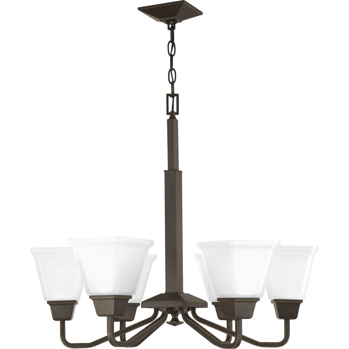 Distinctive chiseled features and clean lines are key features within the Clifton Heights collection. Inspired by an updated interpretation of Craftsman styling, careful attention to the details delivers a dramatic accent. An Antique Bronze finish complements elegant etched square glass shades. The Clifton Heights collection enhances a variety of home styles including Farmhouse, Craftsman and Transitional decor. Six-Light Chandelier.