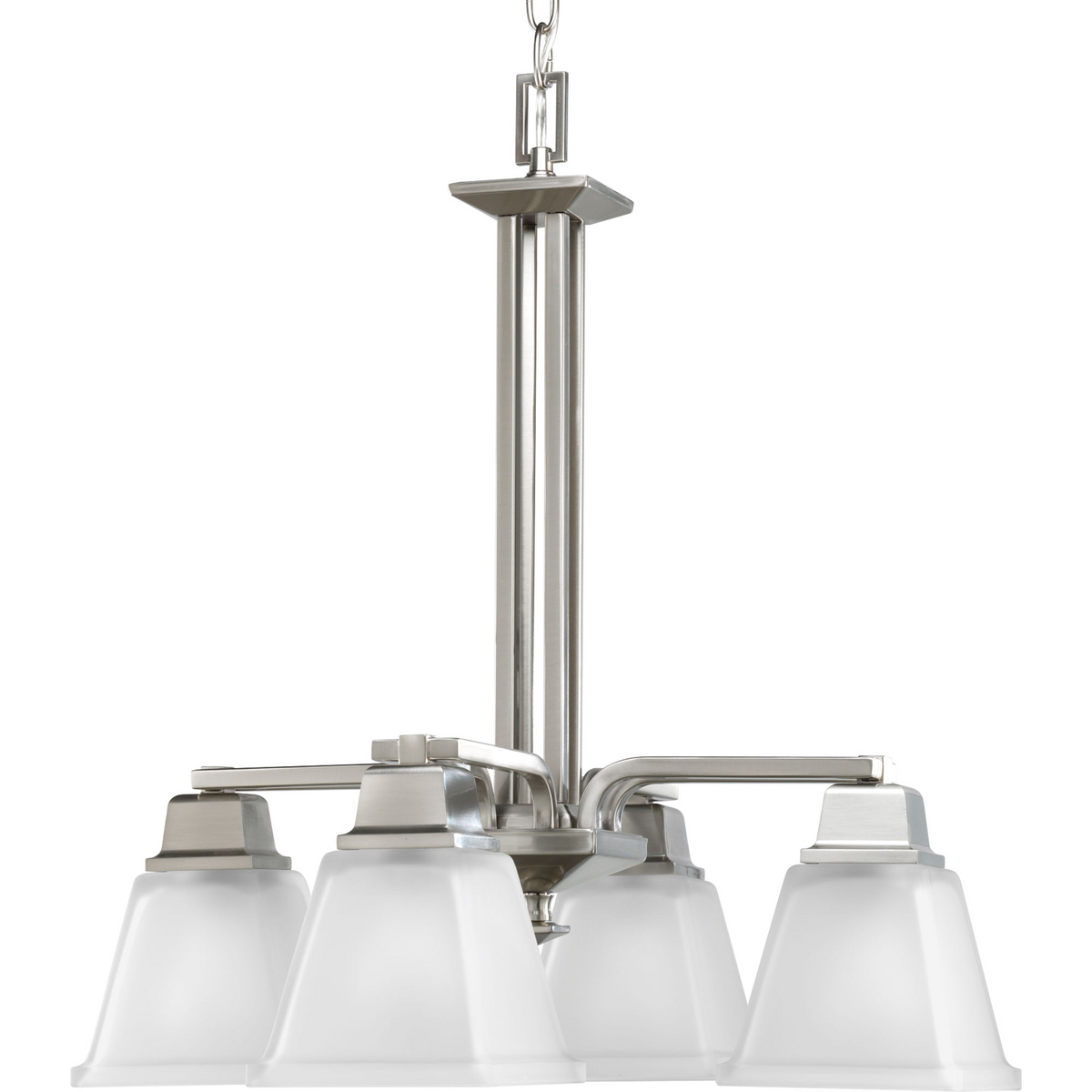 Popular from turn-of-the-century through the 1930's, this artistic style continues to see renewed popularity due to it's clean, simple and honest designs. North Park's Brushed Nickel four-light down chandelier features unique twin arching linear arms which support square etched glass to provide a softly diffused lighting effect. The North Park Collection creates a modern interpretation of two blended styles: Craftsman and Mission.