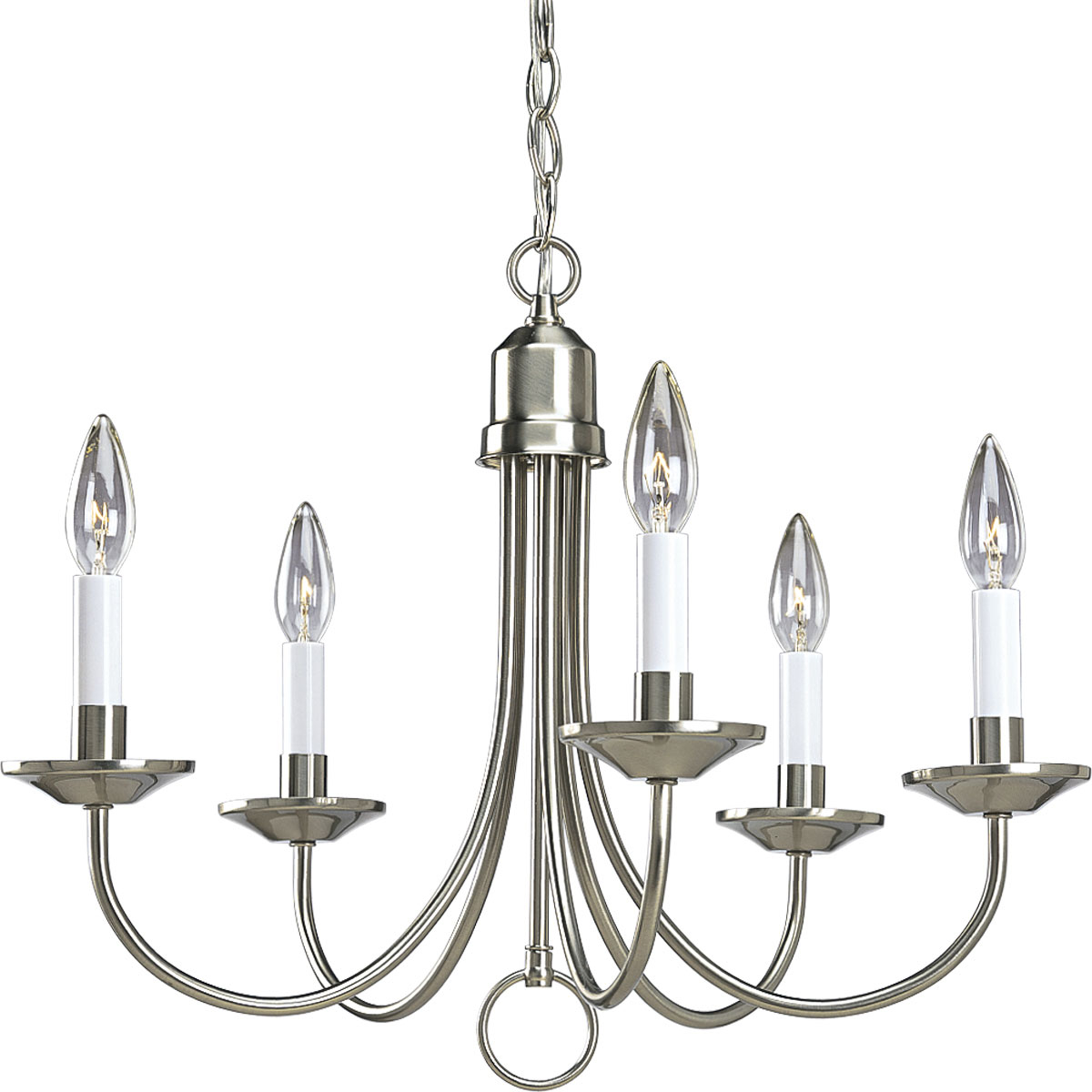 This simple, classic five-light chandelier is popular in the vintage farmhouse inspired designs. White candle covers and a decorative loop detail complete the look. Brushed Nickel finish.