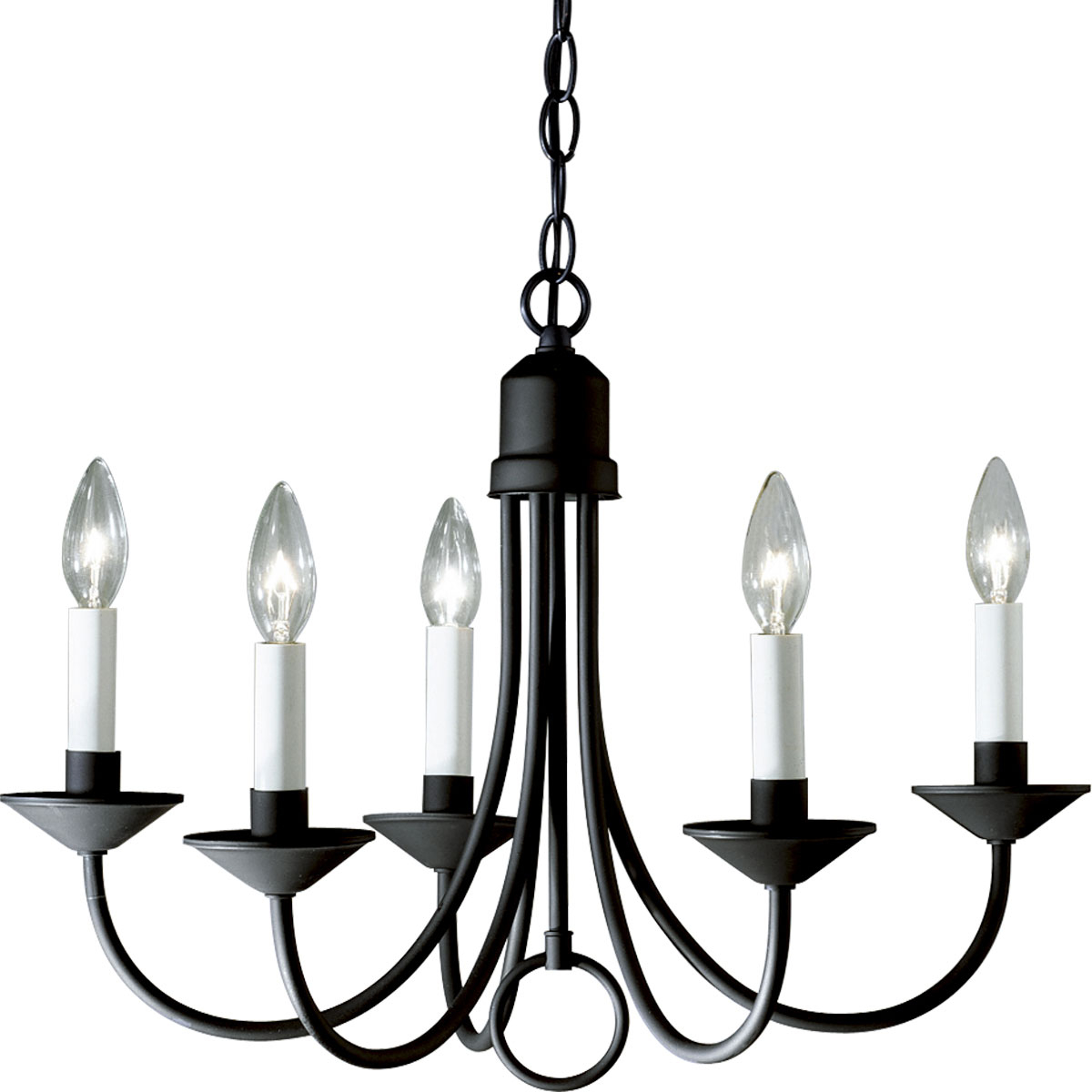 P4008-31 785247400829 This simple, classic five-light chandelier is popular in the vintage farmhouse inspired designs. White candle covers and a decorative loop detail complete the look. Black finish.