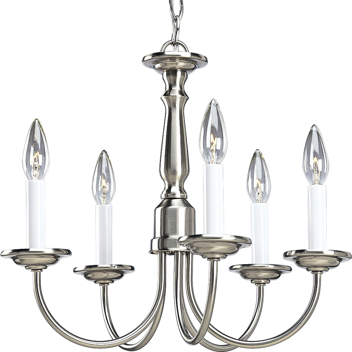 P4009-09 785247116447 This simple, classic five-light chandelier is popular in the vintage farmhouse inspired designs. White candle covers complete the look. Brushed Nickel finish.