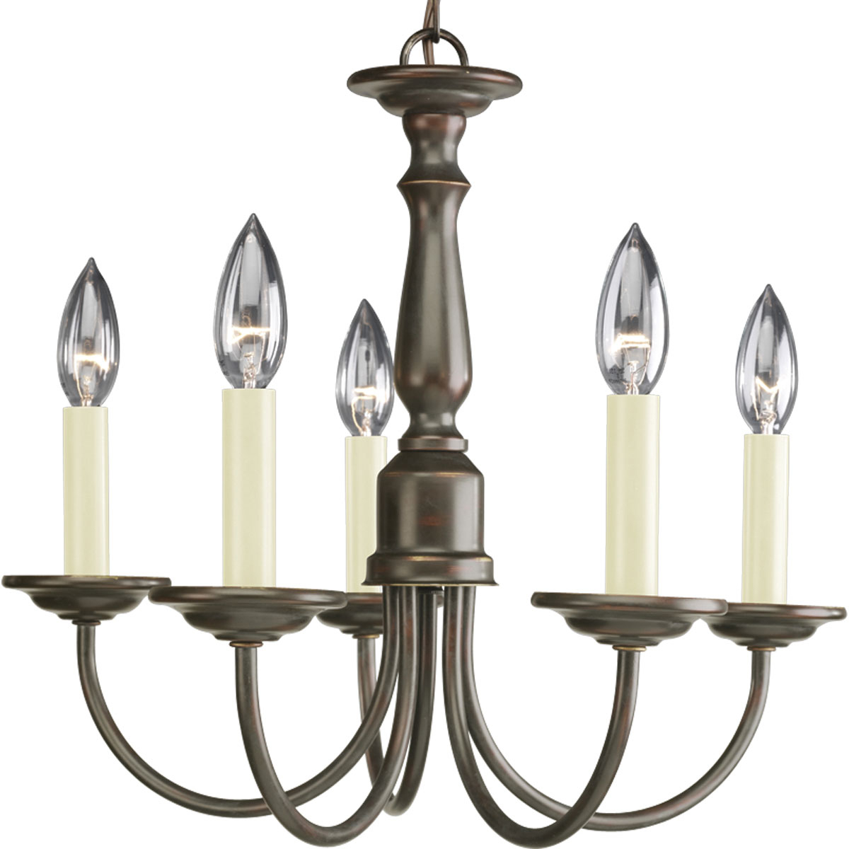 This simple, classic five-light chandelier is popular in the vintage farmhouse inspired designs. Ivory candle covers complete the look. Antique Bronze finish.