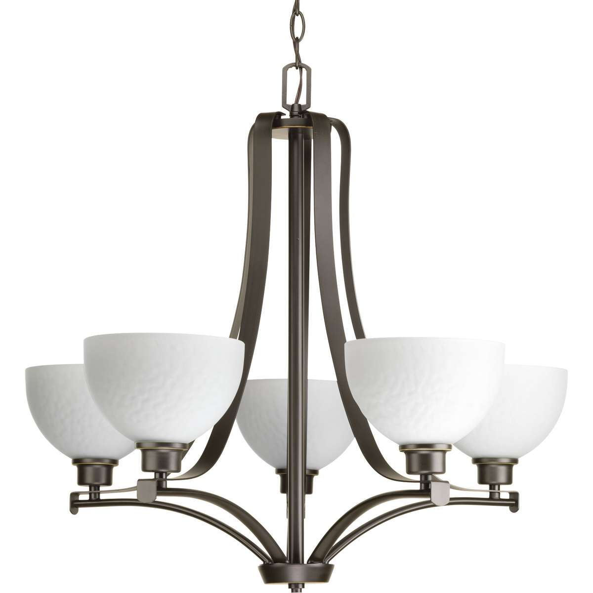 The craftsmanship of sculpted glass in this stunning fixture defines the Legend Collection, Five-light chandelier is highlighted by glass that smooth on the outside, with a subtle, nature-inspired pattern on the inside, this elegant fixture appears to come alive when illuminated. Slightly oversized shades complement the arching arms. Antique Bronze finish.