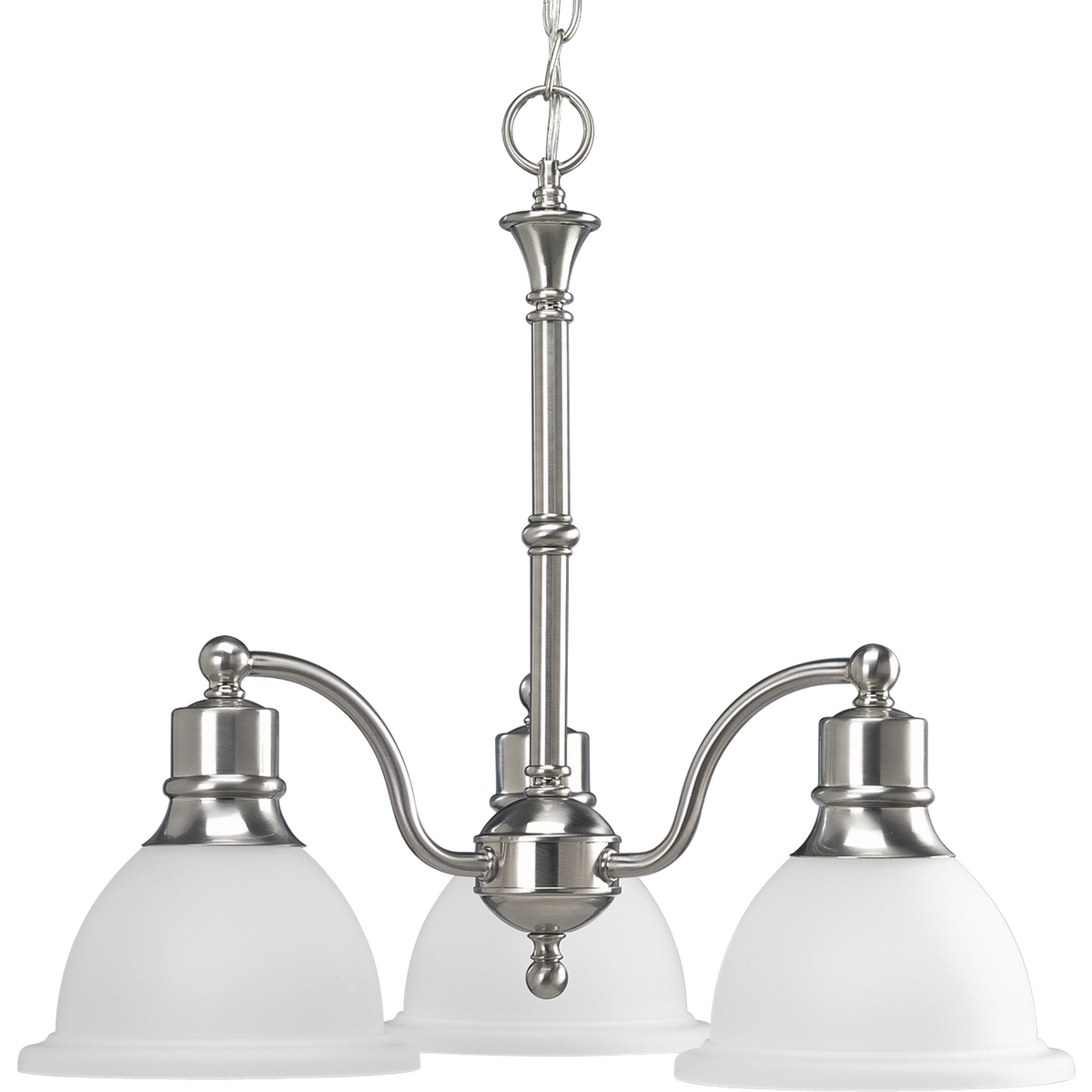 The Madison collection features etched glass with transitional elements. Simplified vintage style. Three-light chandelier. Glass can be reversed to cast light up or down. Brushed Nickel finish.