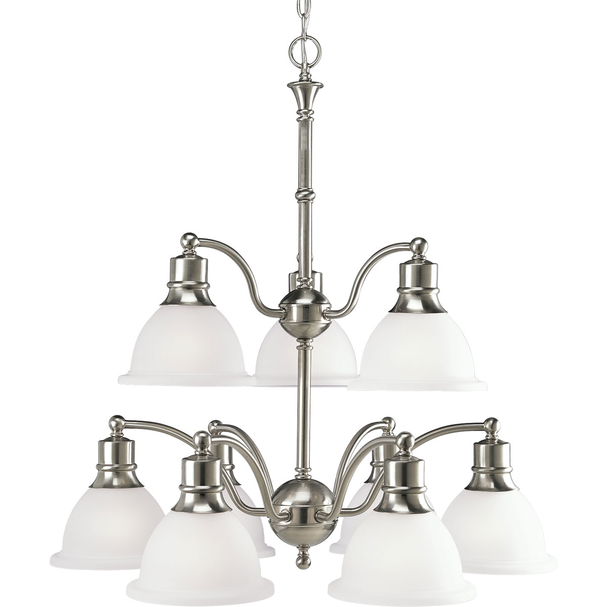 The Madison collection features etched glass with transitional elements. Simplified vintage style. Nine-light two-tier reversible chandelier. Glass can be reversed to cast light up or down. Brushed Nickel finish.