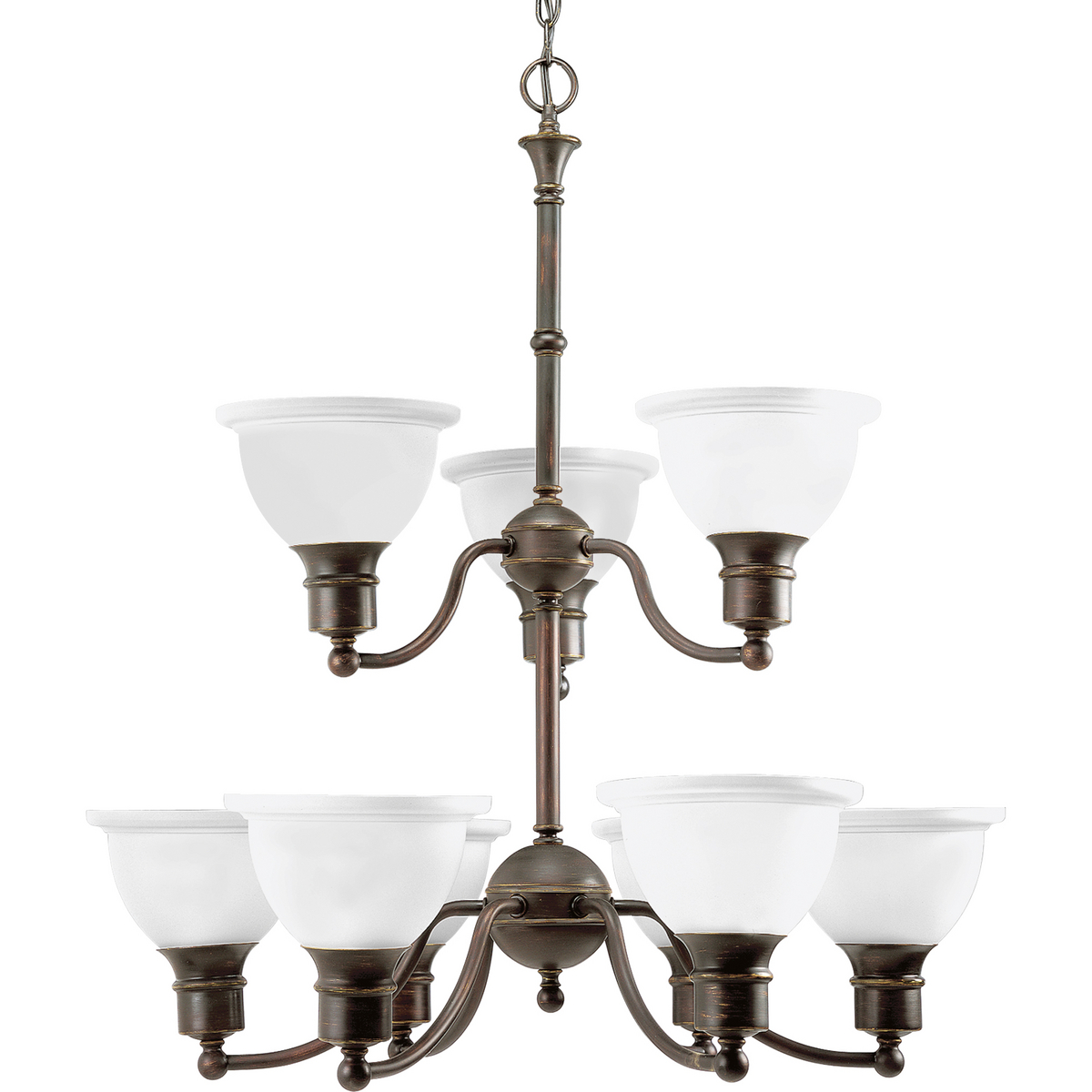 The Madison collection features etched glass with transitional elements. Simplified vintage style. Nine-light two-tier reversible chandelier. Glass can be reversed to cast light up or down. Antique Bronze finish.