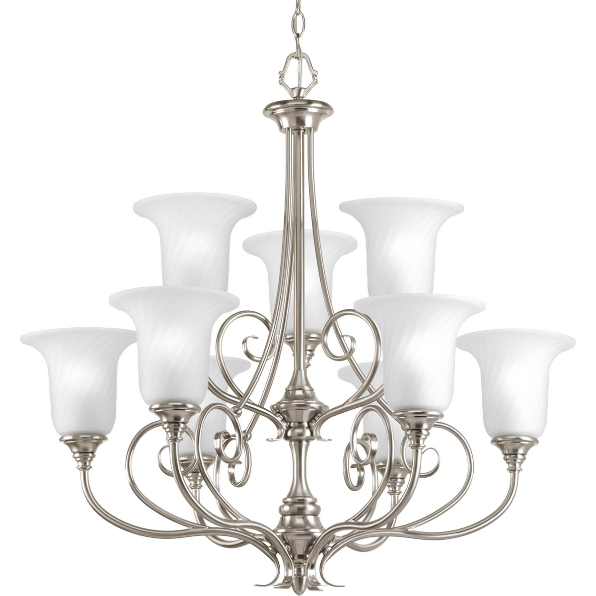 The casual, comfortable feel of the Kensington Collection is perfect for many interiors. Nine-light, two-tier chandelier features scrolled metalwork in a Brushed Nickel finish. Trumpet-shaped, slightly textured glass shades are complemented by a etched white swirl finish.