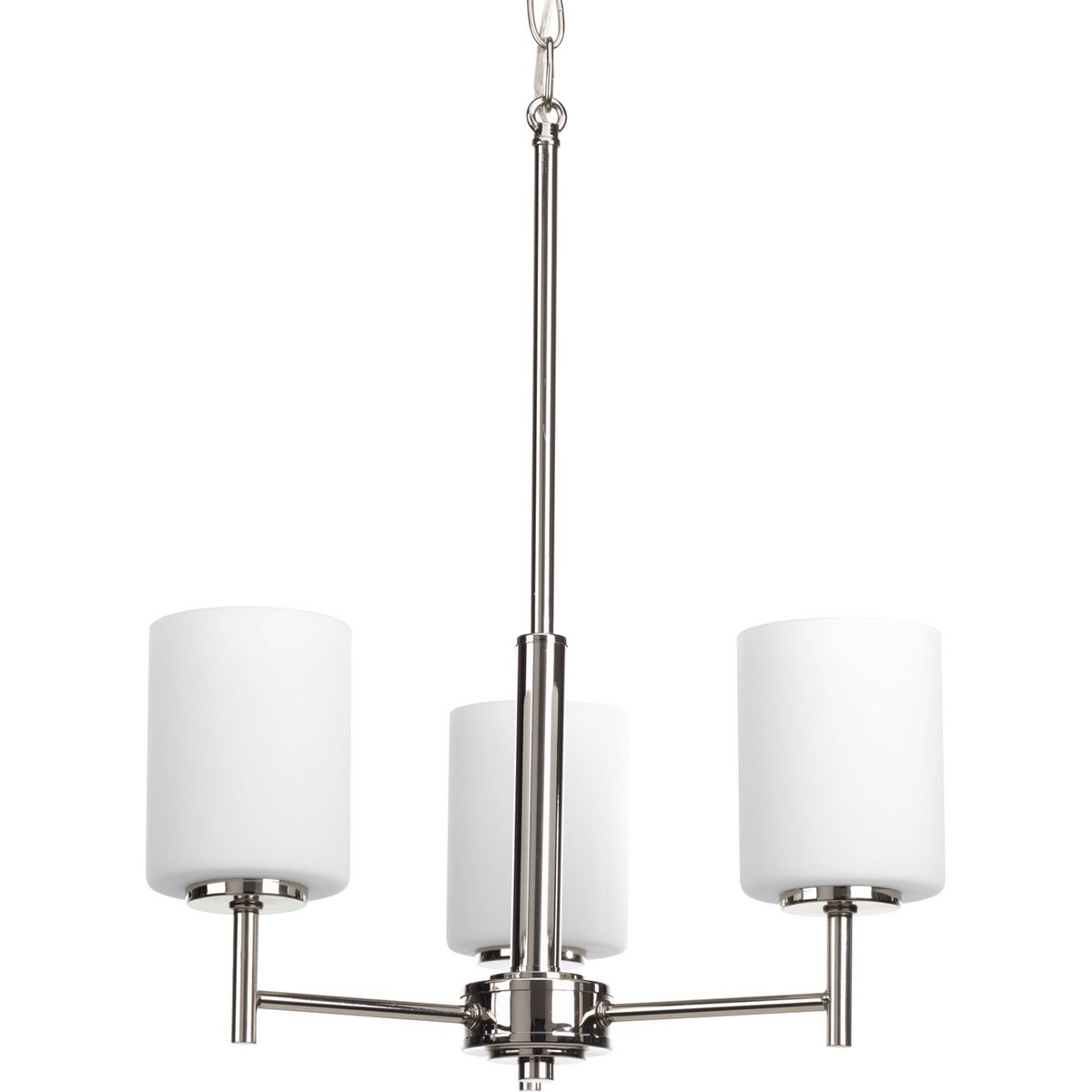 Three-light chandelier from the Replay Collection, smooth forms, linear details and a pleasingly elegant frame enhance a simplified modern look. Arms can be faced up or down. Polished Nickel finish.