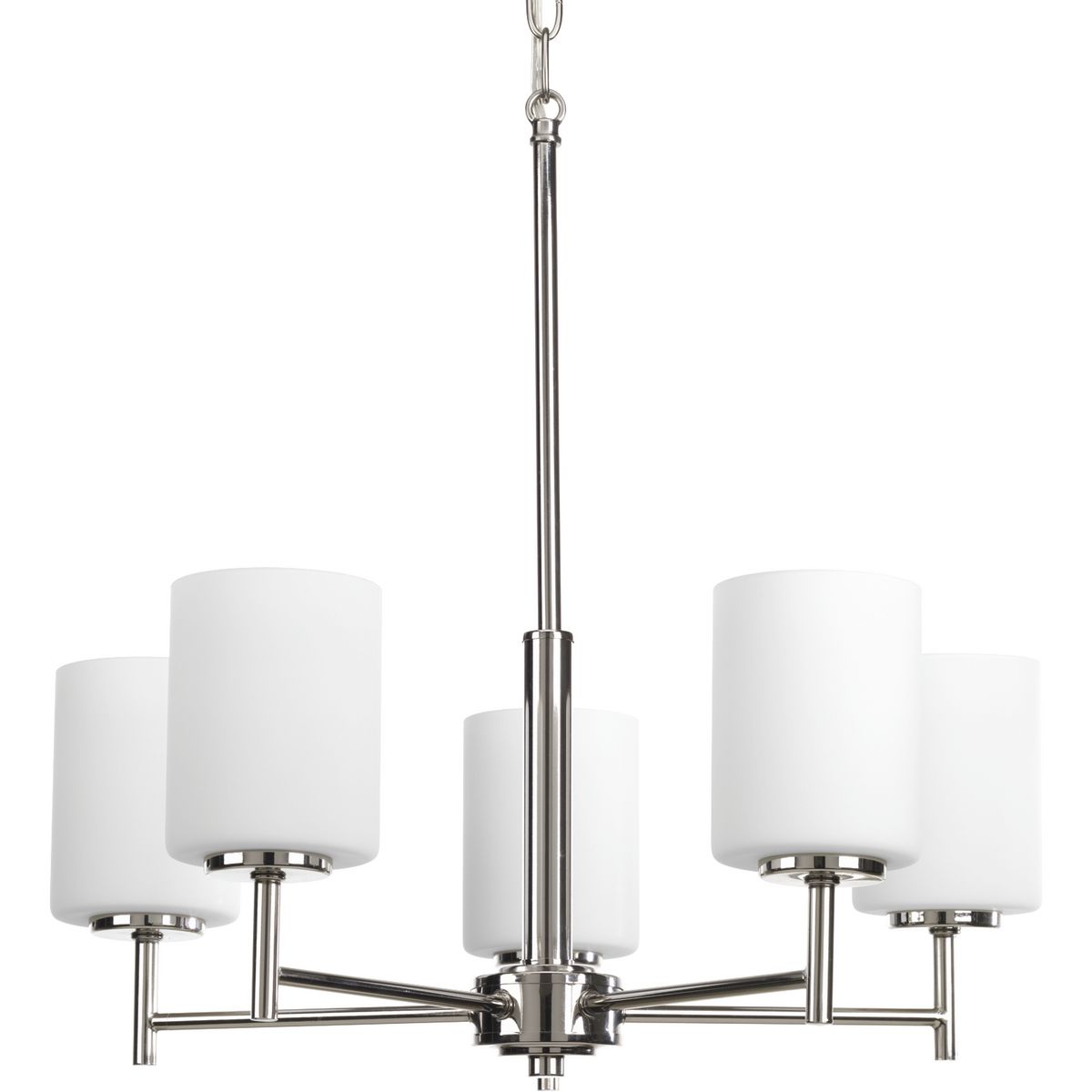 Five-light chandelier from the Replay Collection, feature smooth forms, linear details and a pleasingly elegant frame enhance a simplified modern look. Arms can be faced up or down. Polished Nickel finish.