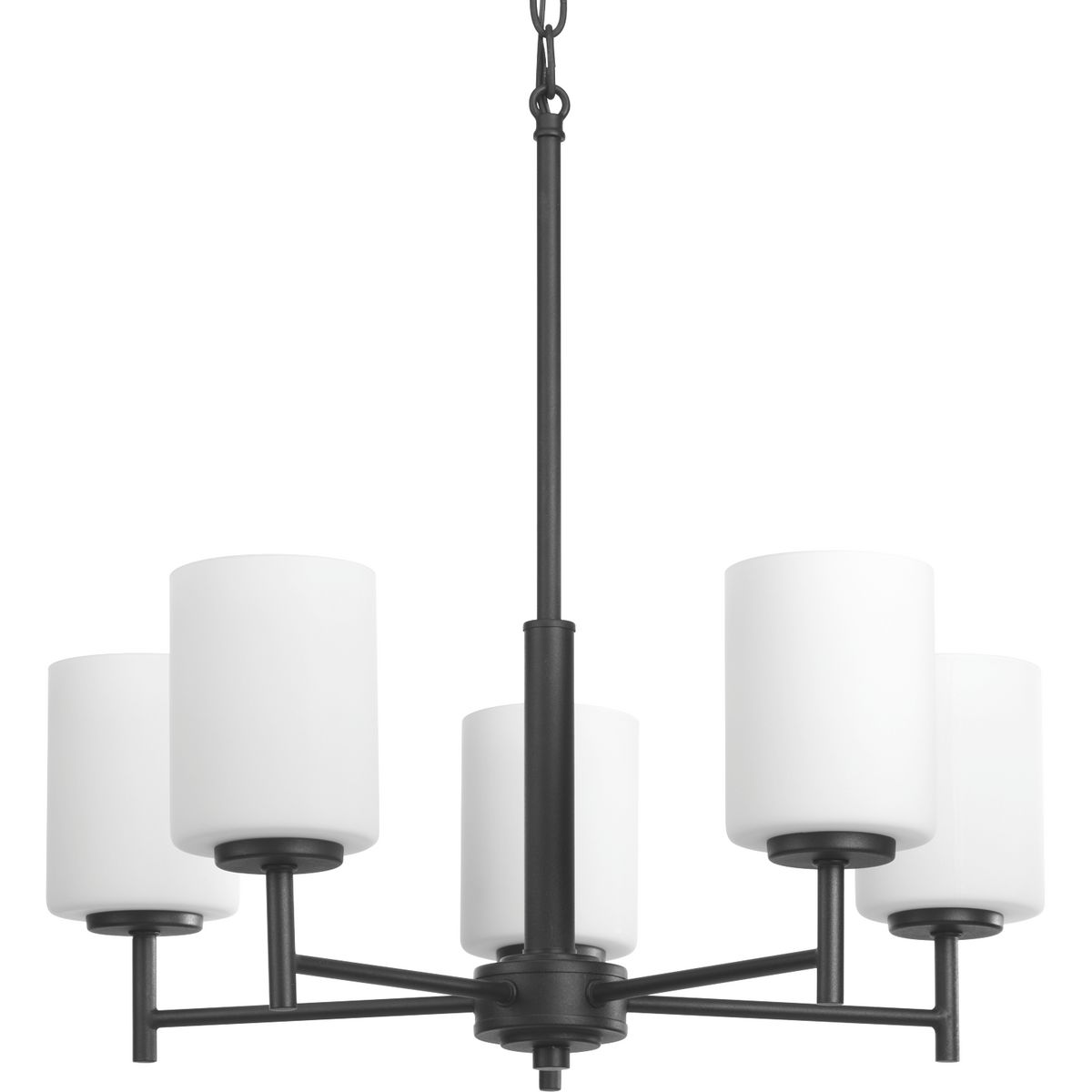 Five-light chandelier from the Replay Collection, feature smooth forms, linear details and a pleasingly elegant frame enhance a simplified modern look. Arms can be faced up or down. Black finish.