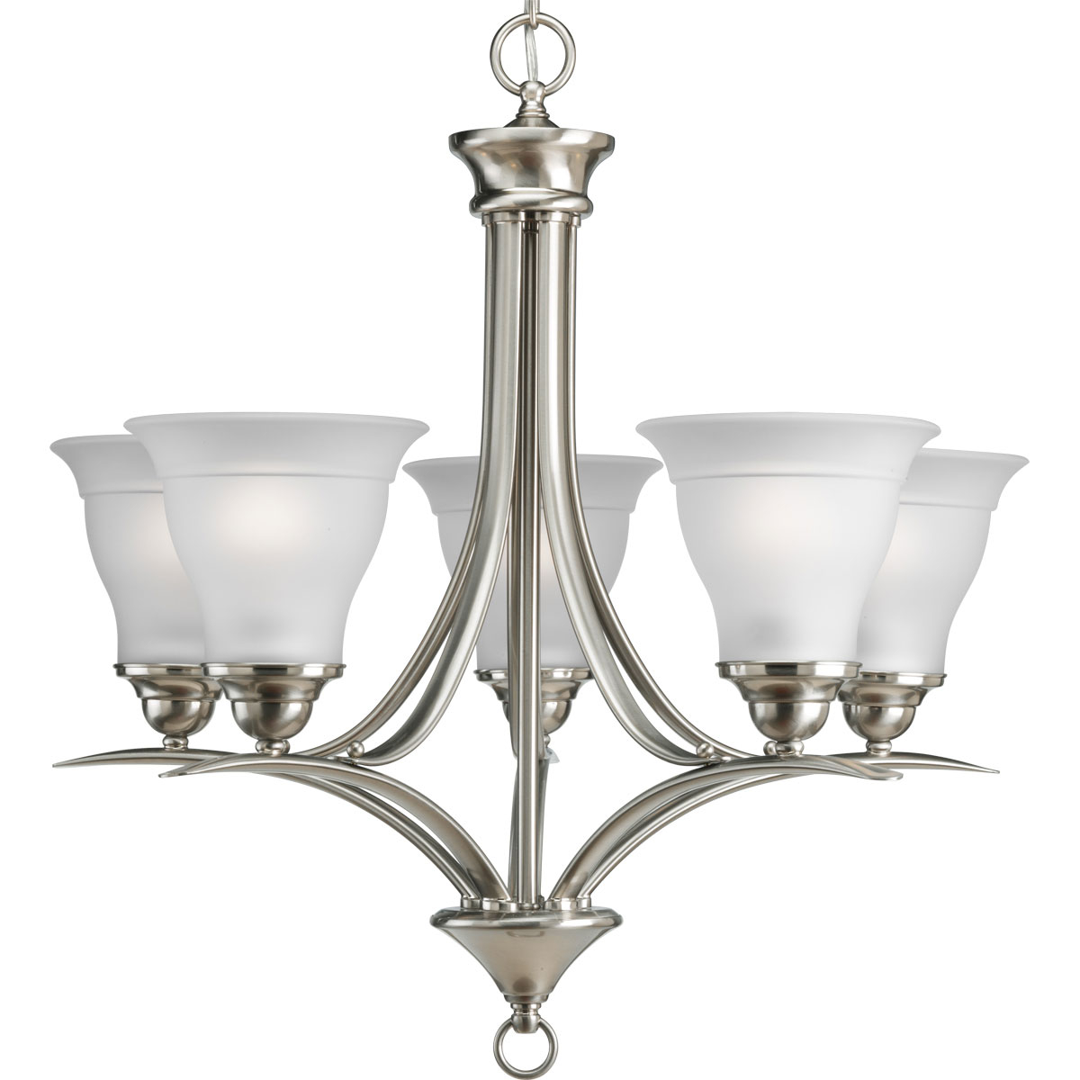 Five-light chandelier featuring soft angles, curving lines and etched glass shades. Gracefully exotic, the Trinity Collection offers classic sophistication for transitional interiors. Sculptural forms of metal and glass are enhanced by a classic finish. This transitional style can transform a room or your whole home with its charming versatility. Brushed Nickel finish.